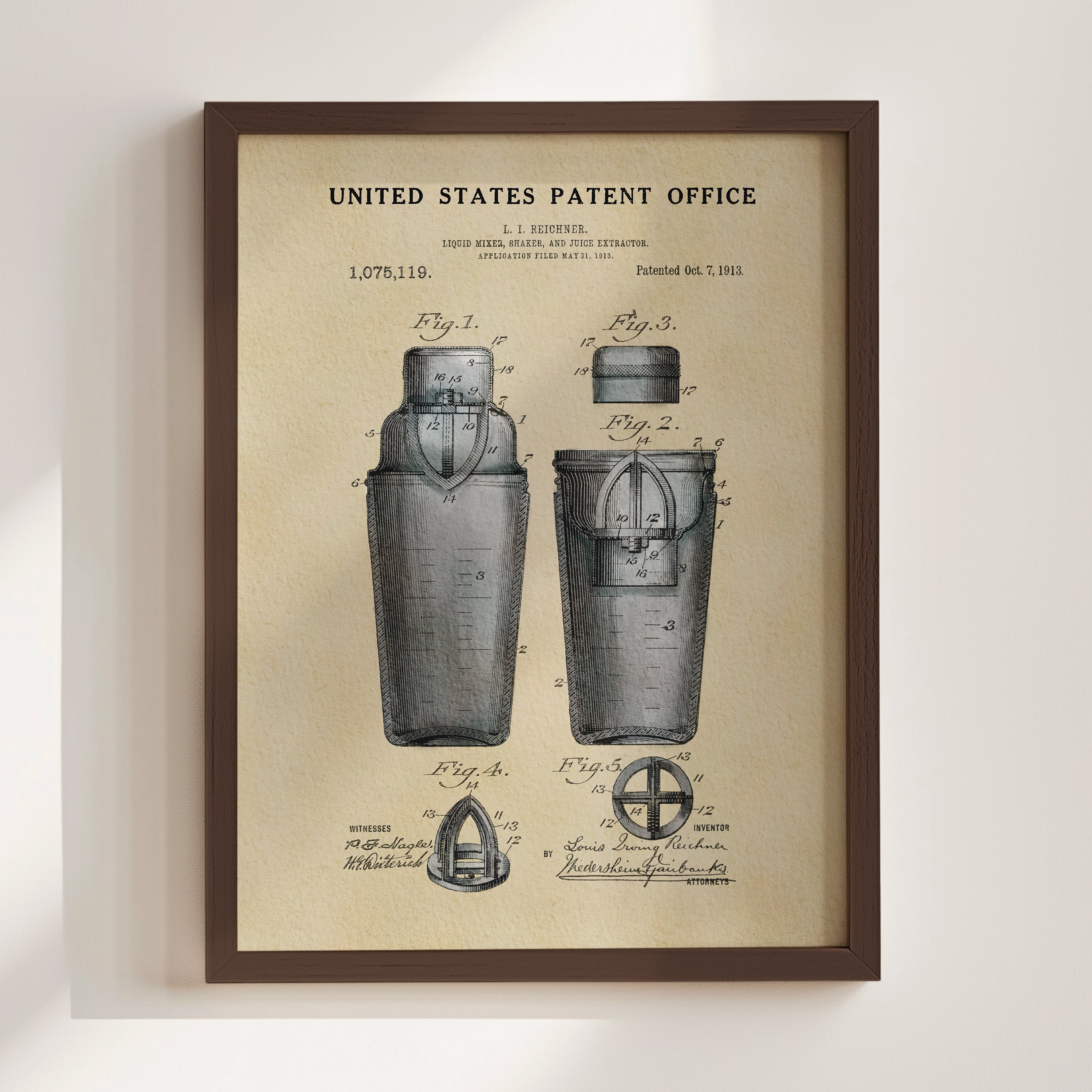 The image is a framed patent drawing depicting a device with two main components, labeled as a mixer and an extractor. The drawing is from the United States Patent Office and was created in July, 1913.