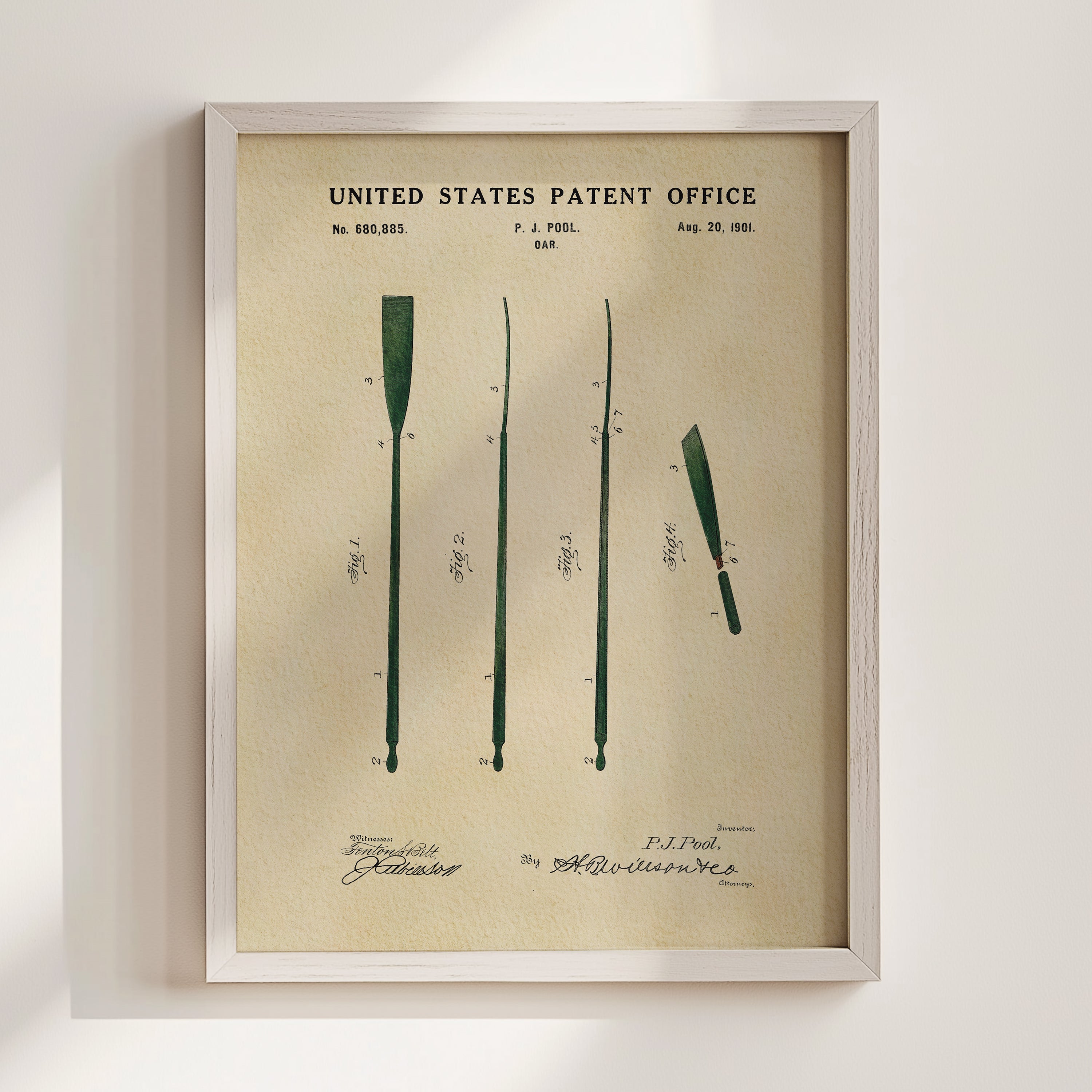 The image is a framed print of a United States patent office patent from August 20, 1901, depicting a paddle.