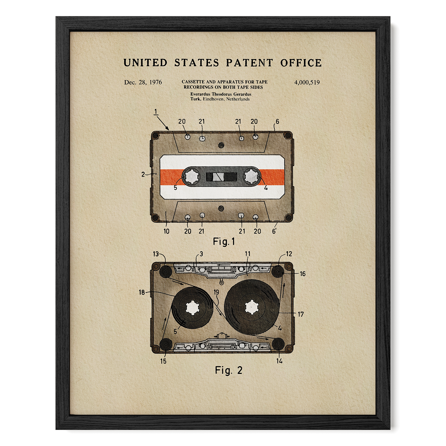 The image is a framed patent drawing depicting a cassette tape and its components, including the tape, rewind and play buttons, and other features.