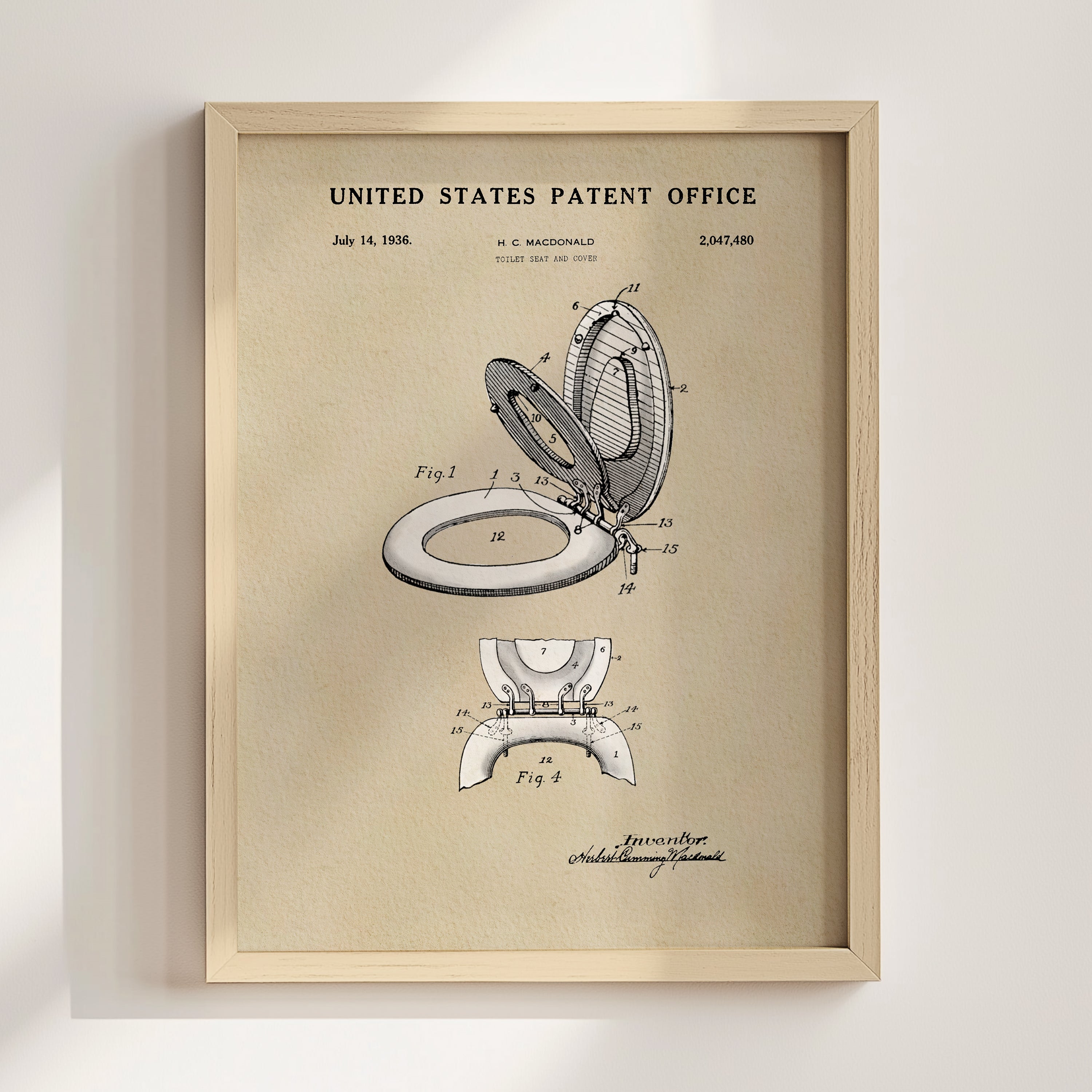 The image is a framed patent drawing of a toilet from the United States Patent Office, dated July 14, 1936.