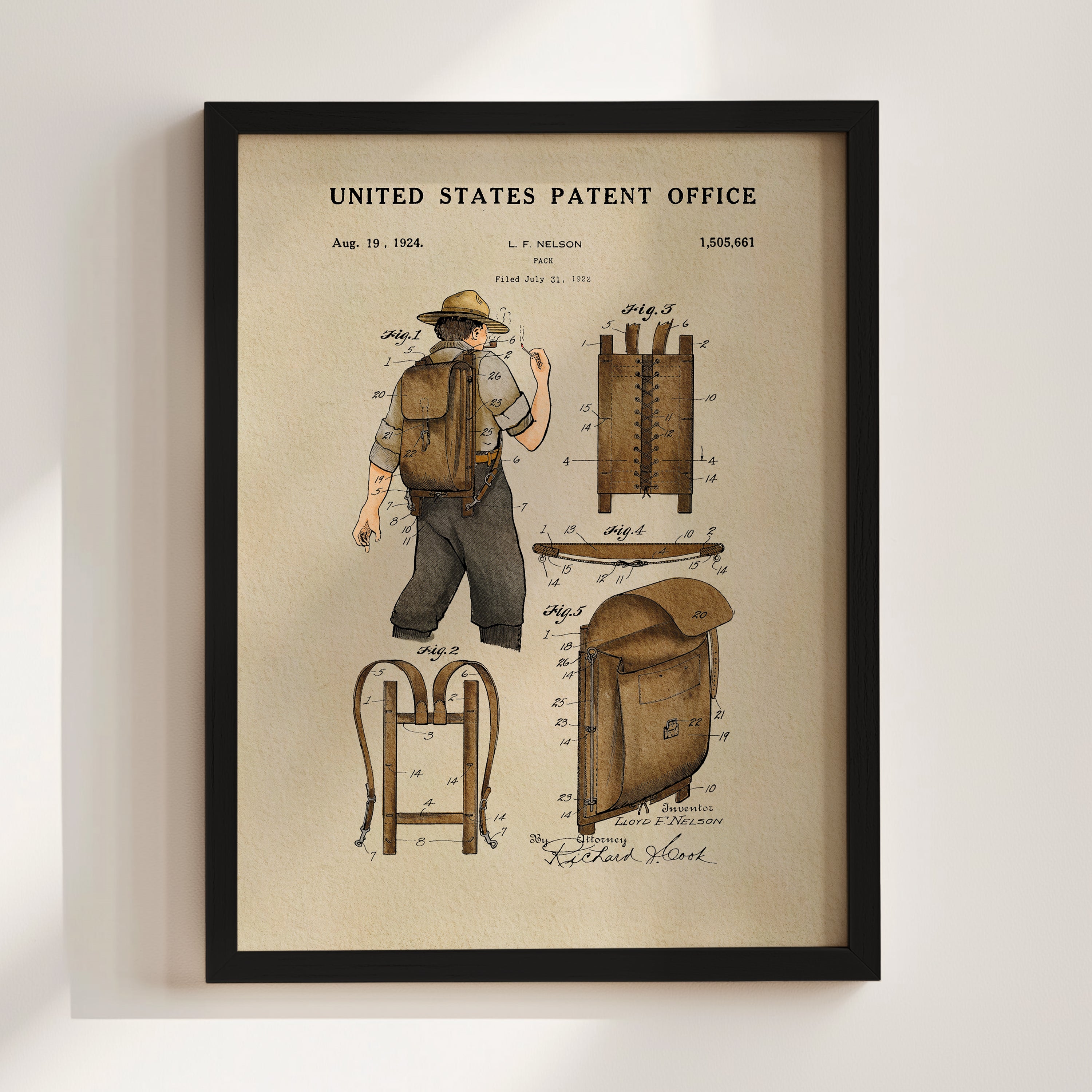 The image is a framed patent drawing depicting a man with a backpack, likely from the early 20th century.