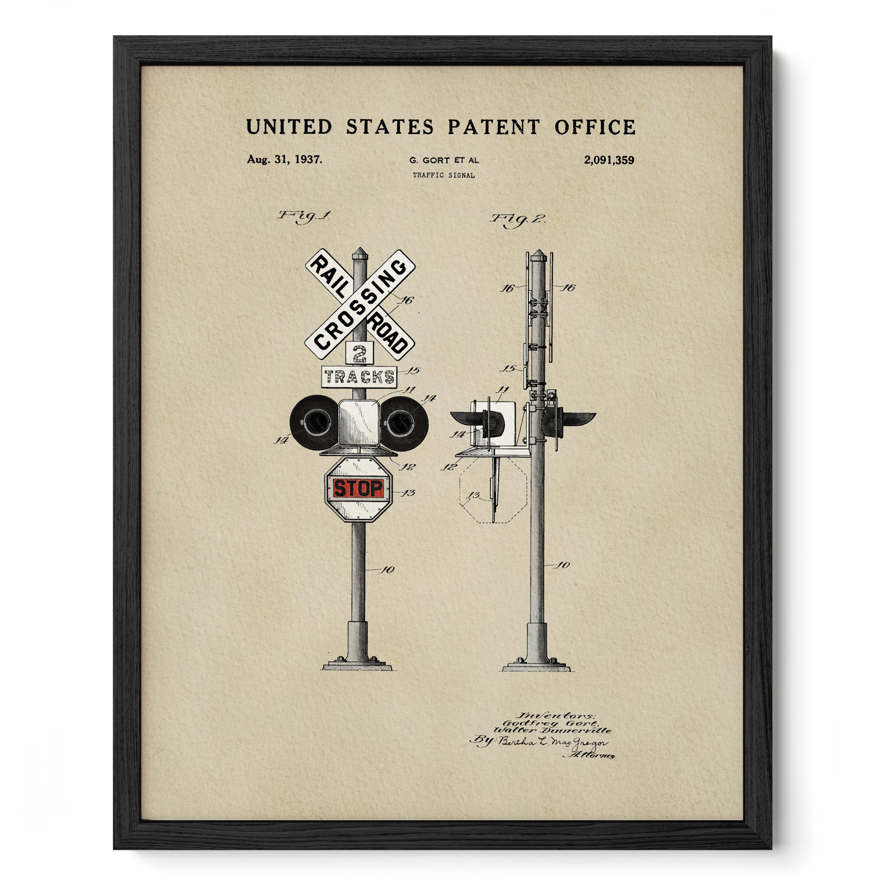 The image is a framed patent drawing depicting a railroad crossing sign and a stop sign.