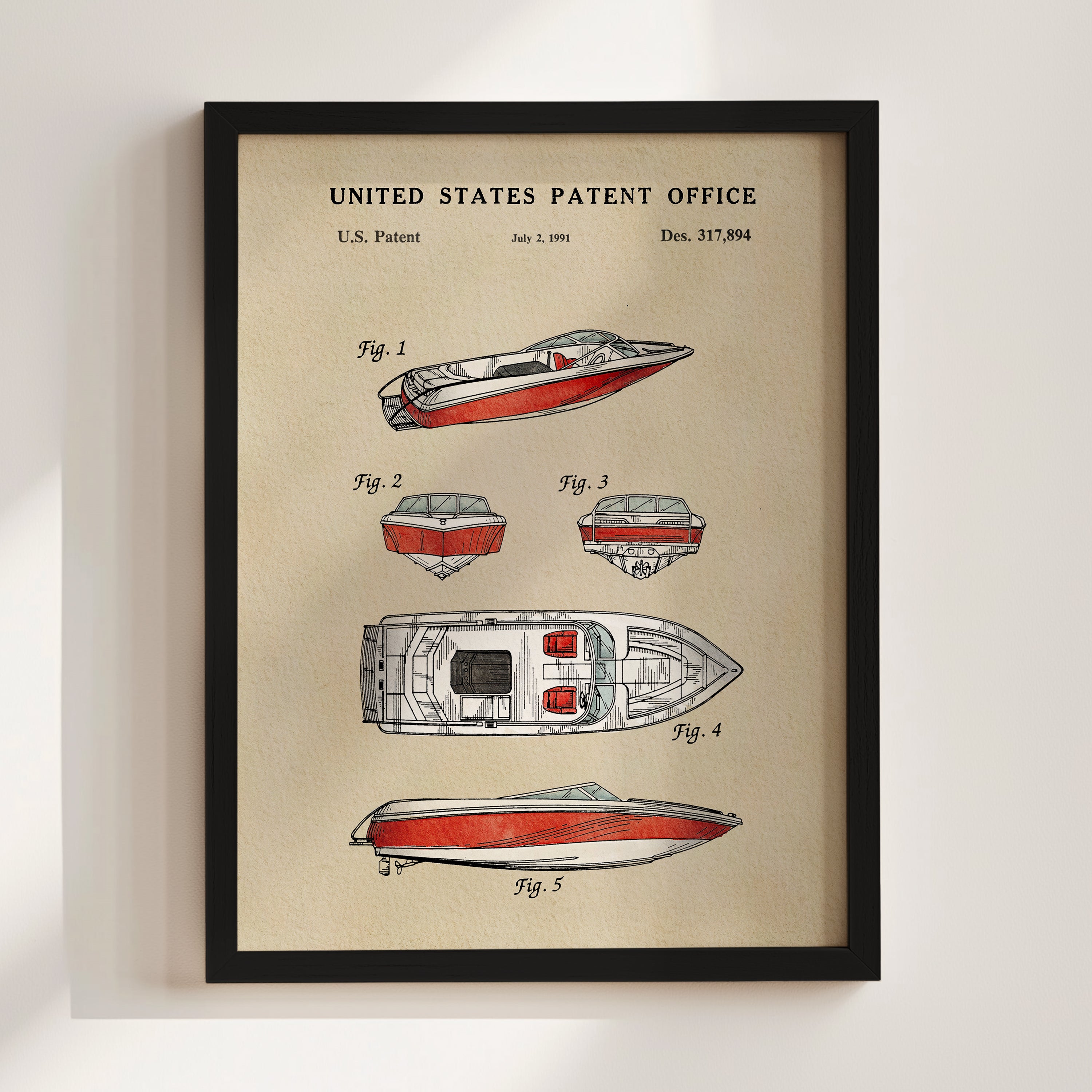 The image is a framed print featuring a detailed illustration of a boat, along with its patent registration and the year it was registered.