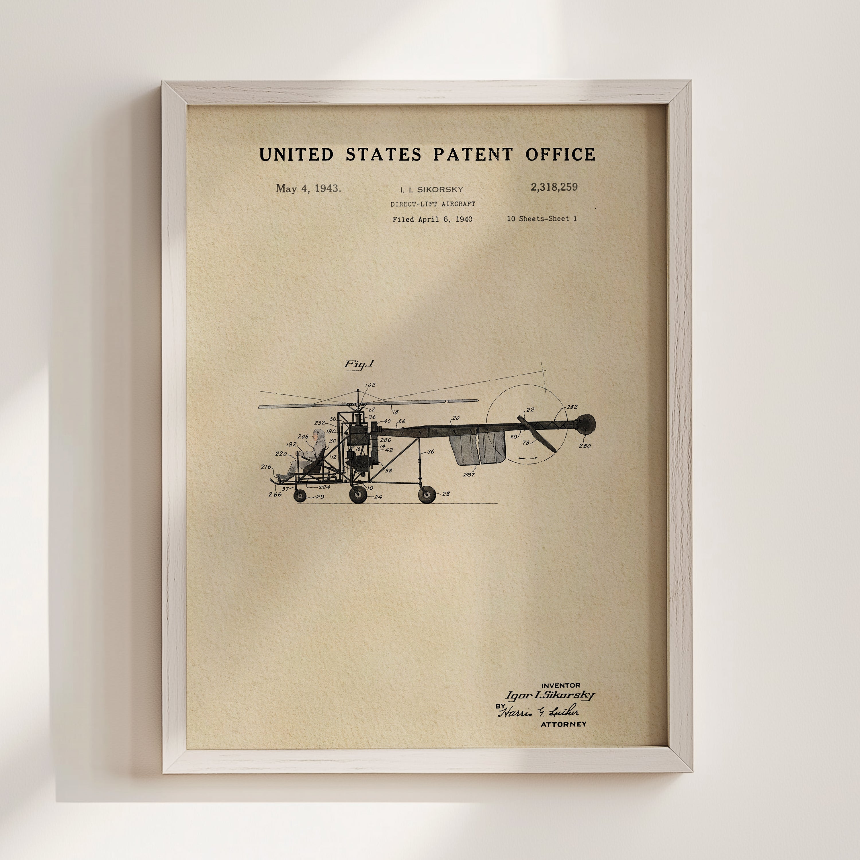 The image is a framed patent drawing of a helicopter, depicting the design and features of the invention.