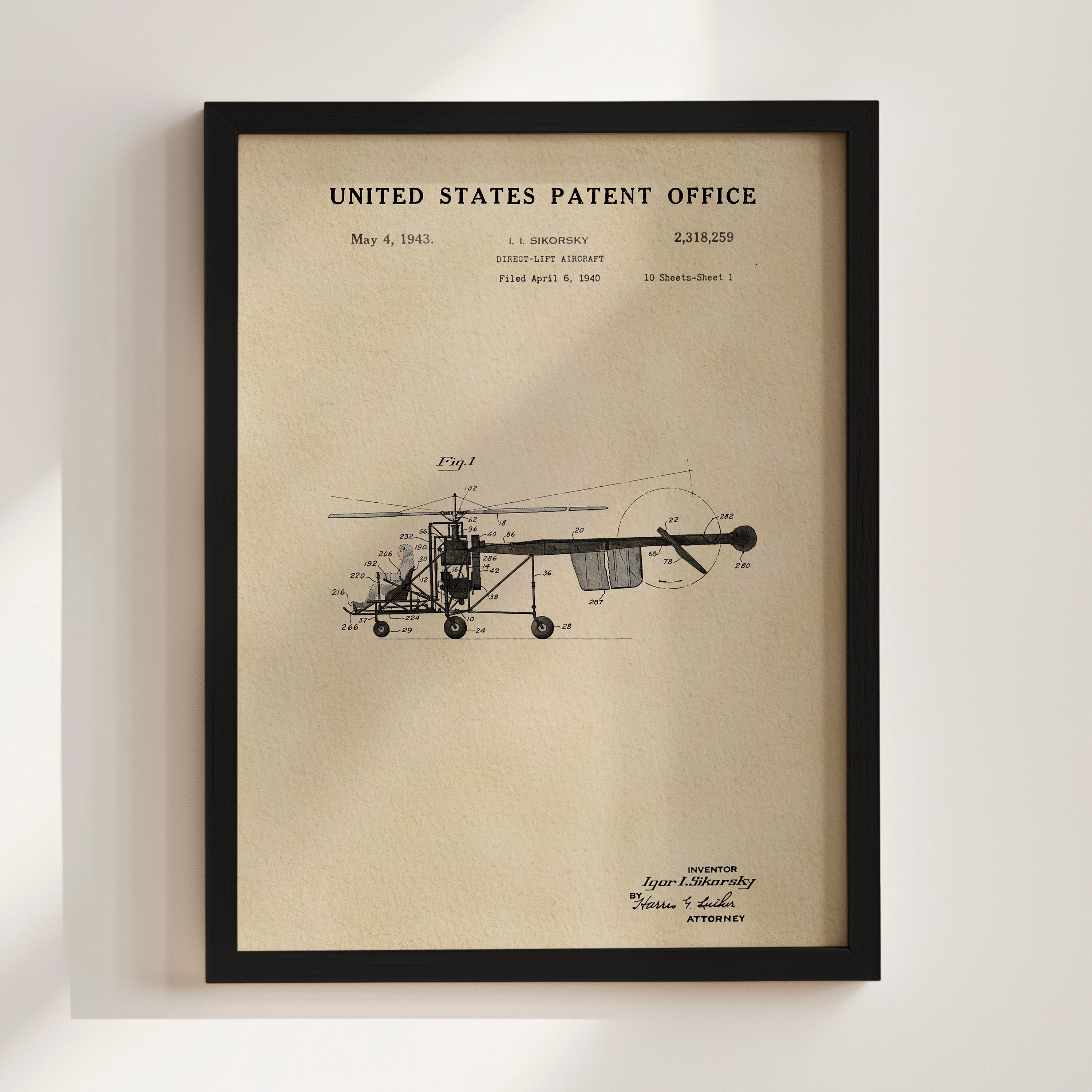 The image is a framed patent drawing of a helicopter from the United States patent office, dated May 4, 1943.