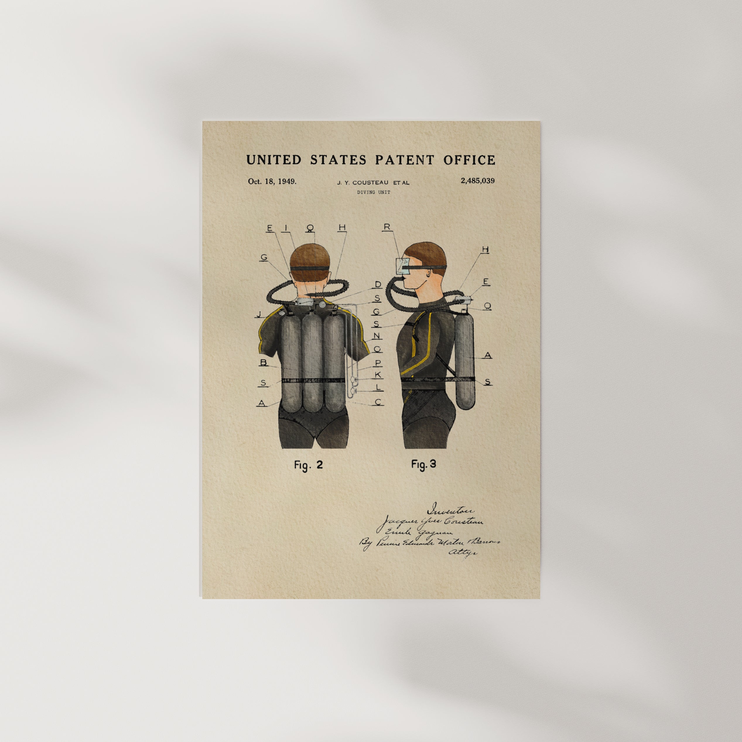 The image is a patent drawing depicting a scuba diving suit with various components, including a helmet, a wetsuit, and a backpack.