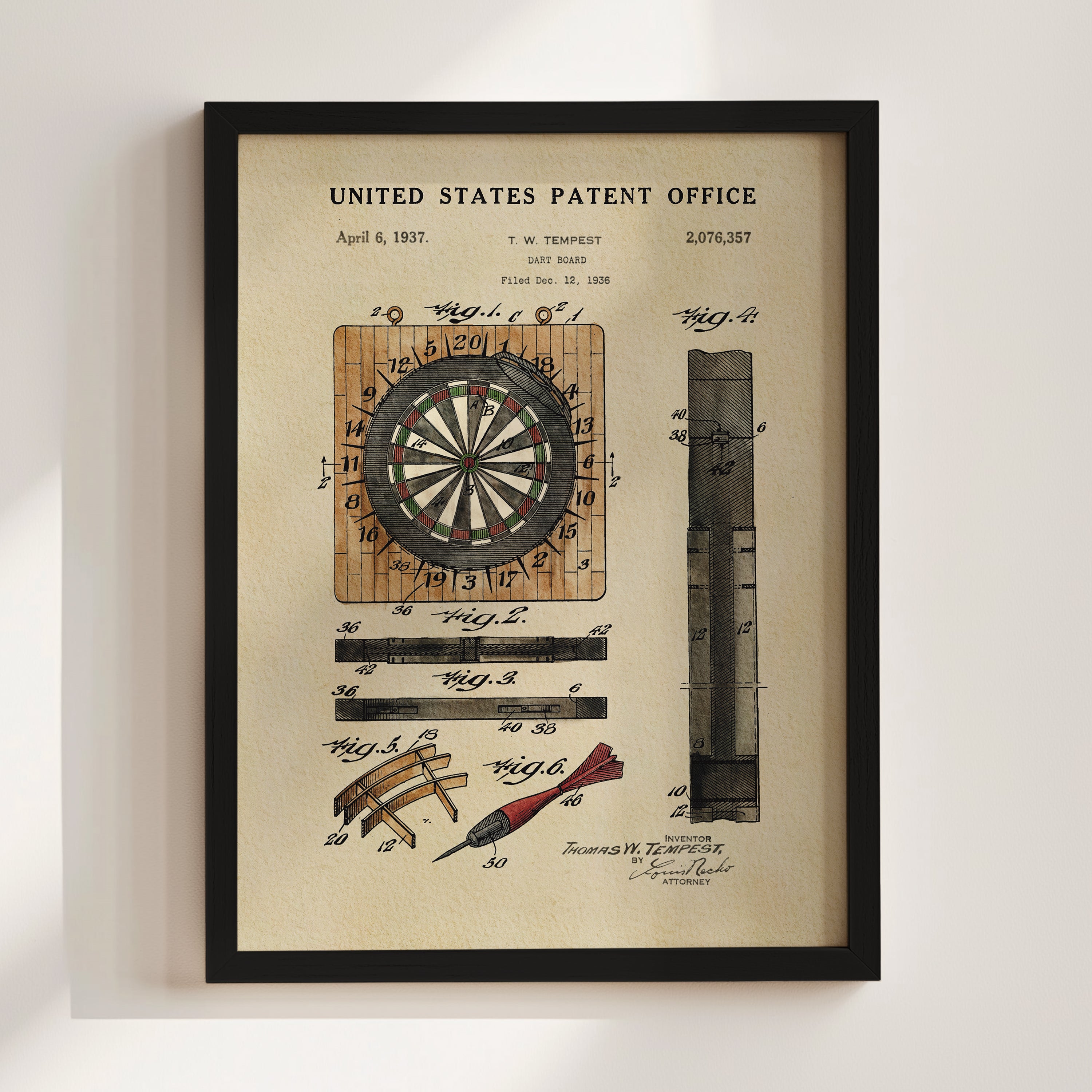 The image is a framed patent drawing depicting a dartboard and various dart-related components, including a dart and a dartboard.