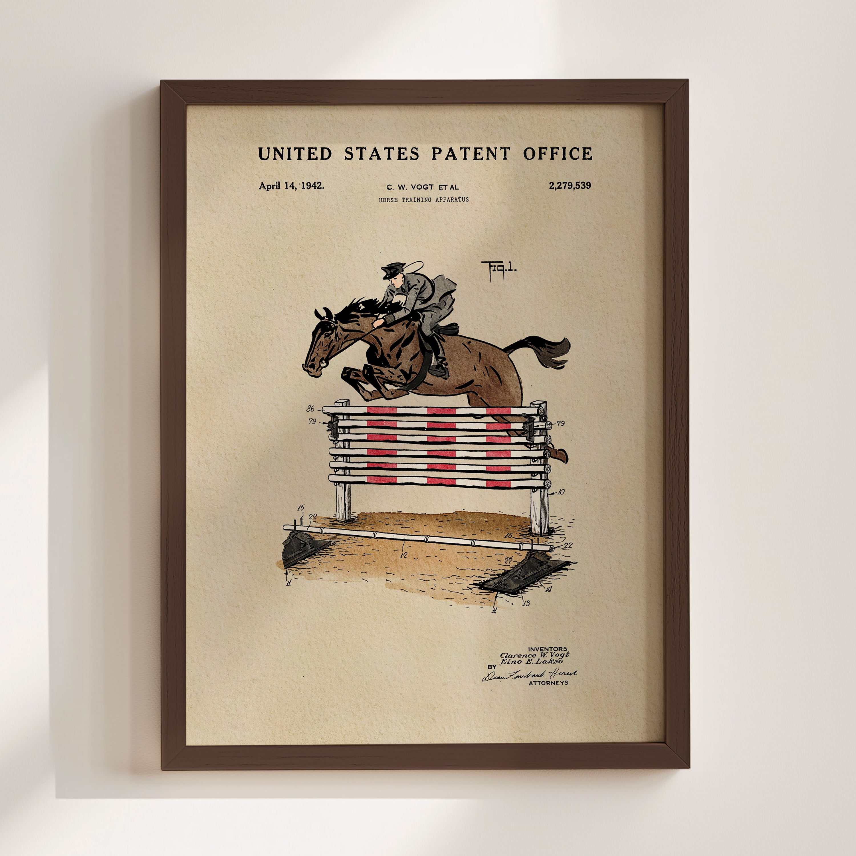 The image is a framed print of a patent drawing depicting a horse jumping over a hurdle.