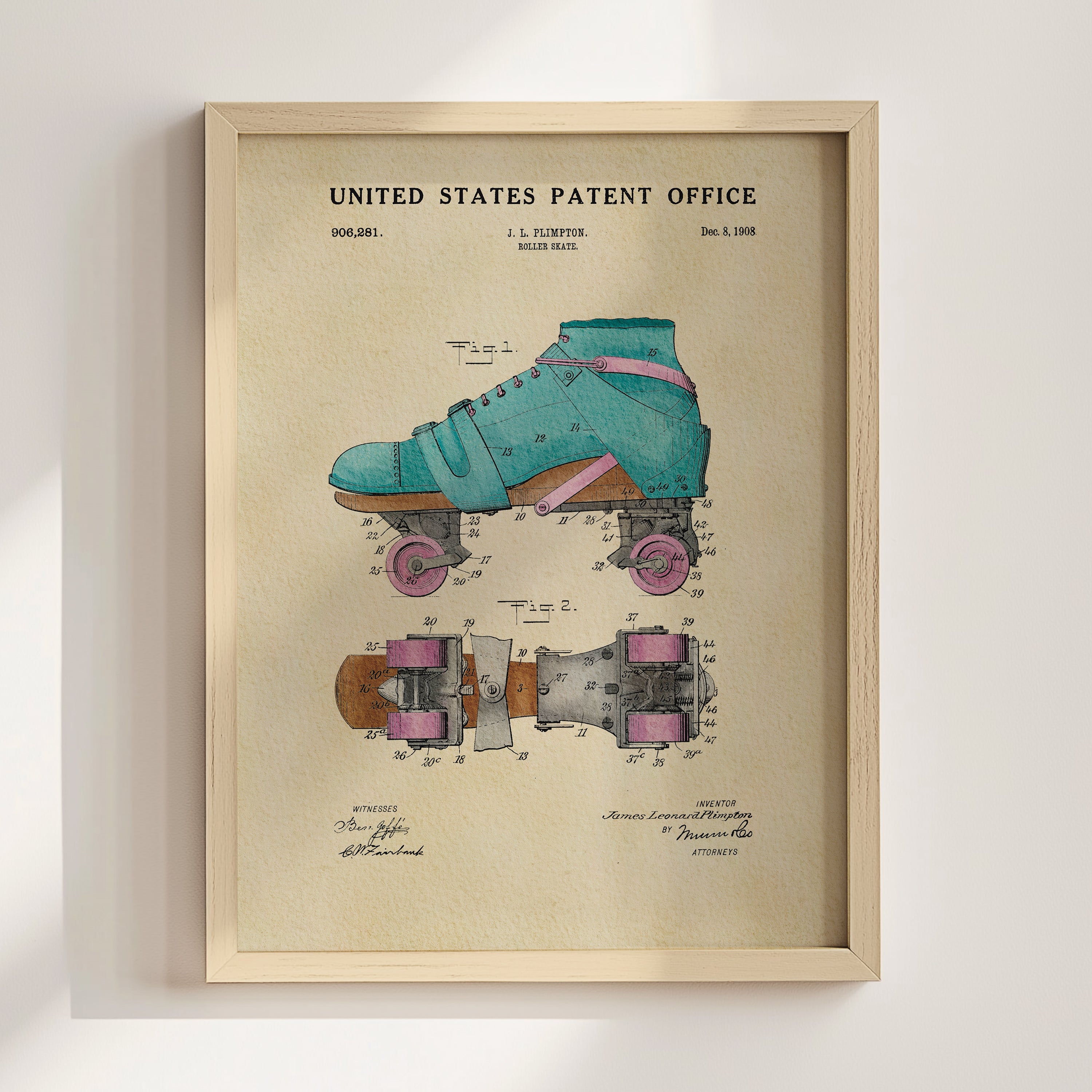 The image is a framed patent drawing of a roller skate, depicting the design and features of the skateboard.