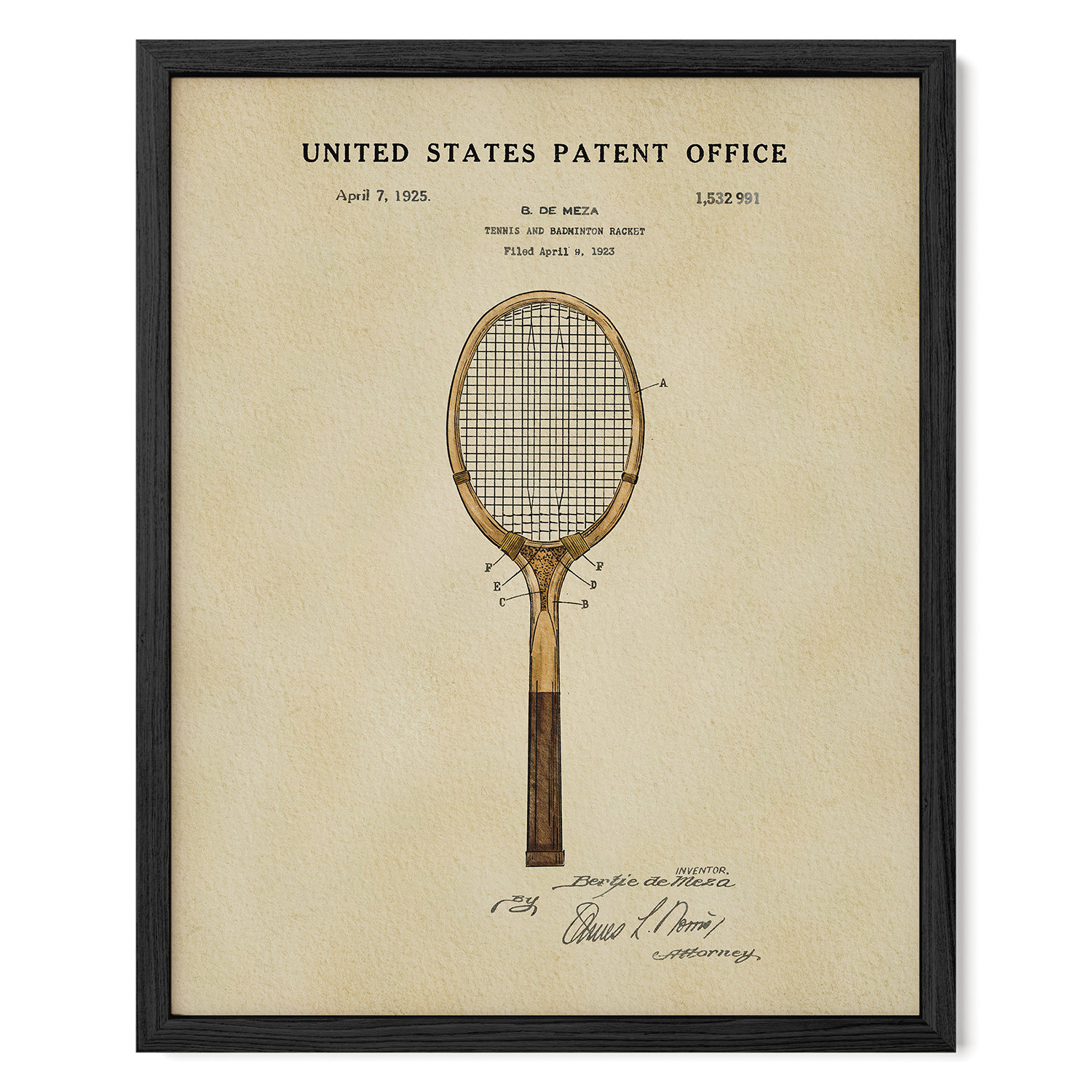 The image is a framed patent drawing of a tennis racket, depicting the invention of the racket.
