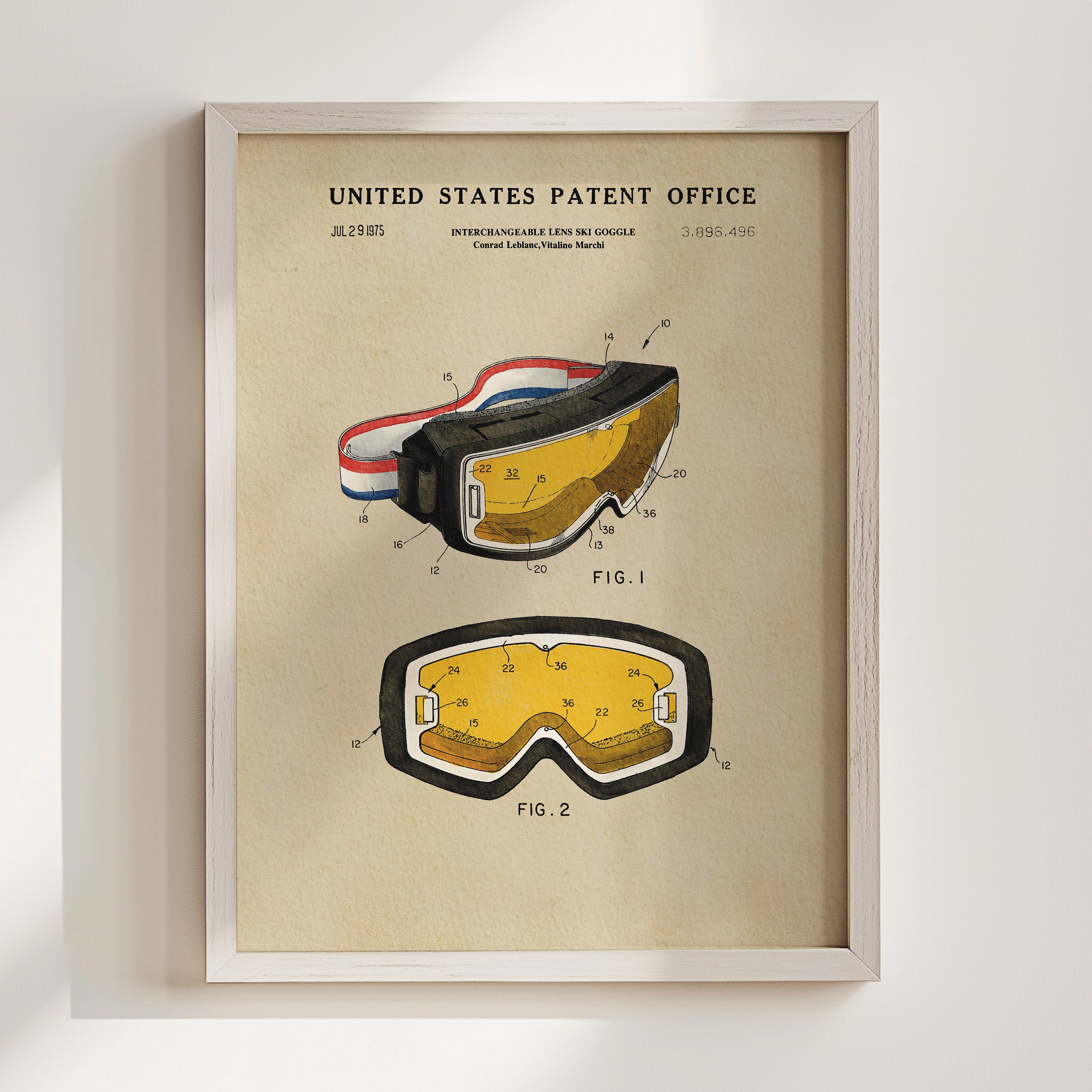 The image is a framed patent illustration depicting a pair of goggles, with detailed technical drawings and labels.