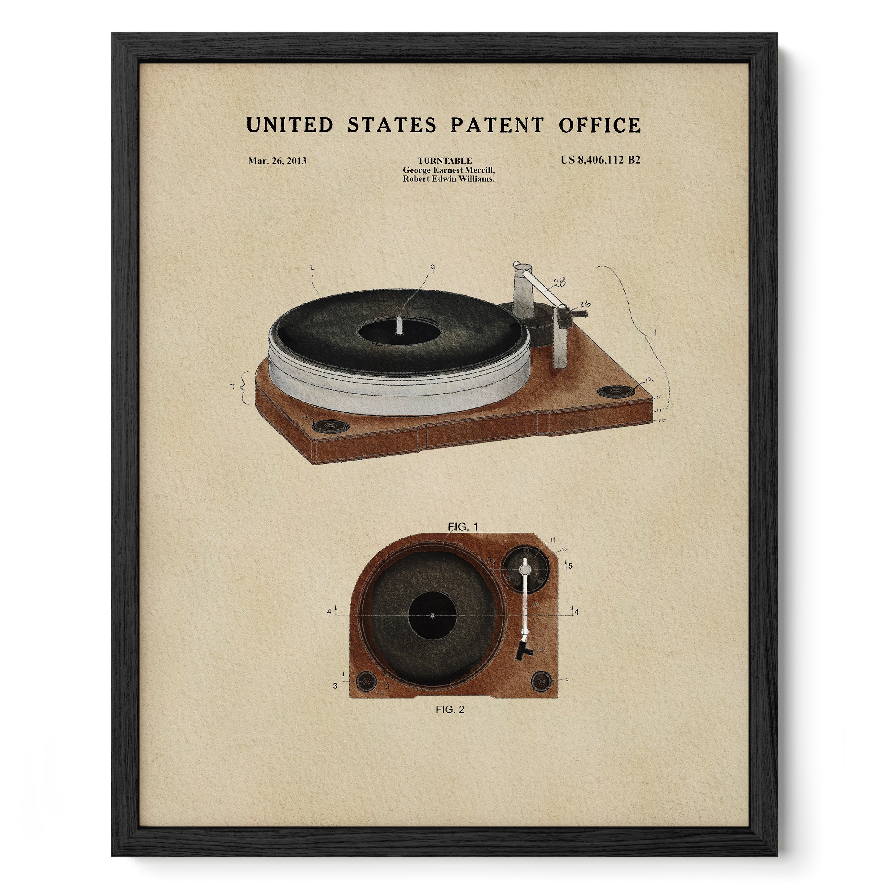 The image is a framed print depicting a vintage turntable, with a detailed illustration of the turntable's components and design.