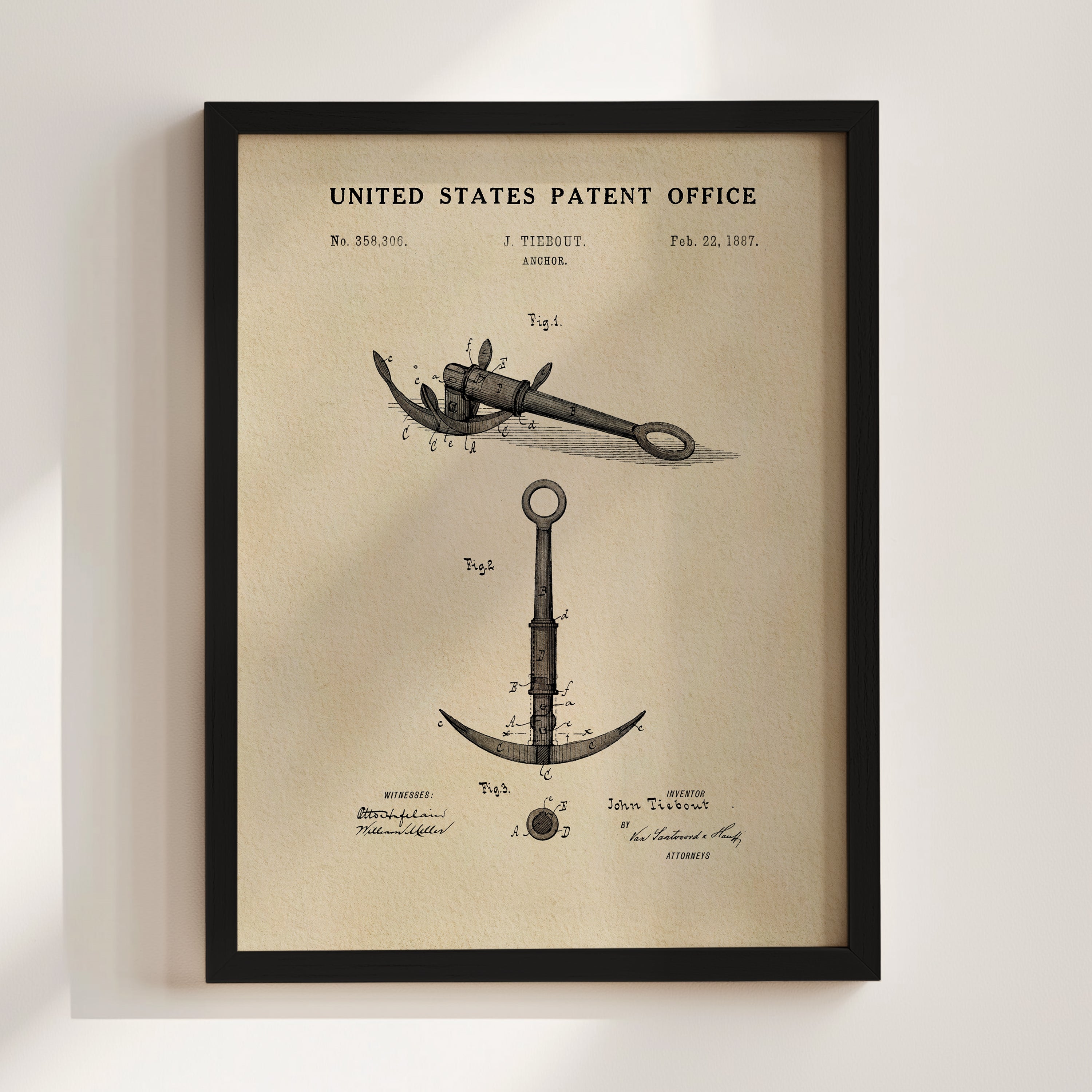 The image is a framed vintage patent drawing depicting a maritime invention, specifically an anchor.
