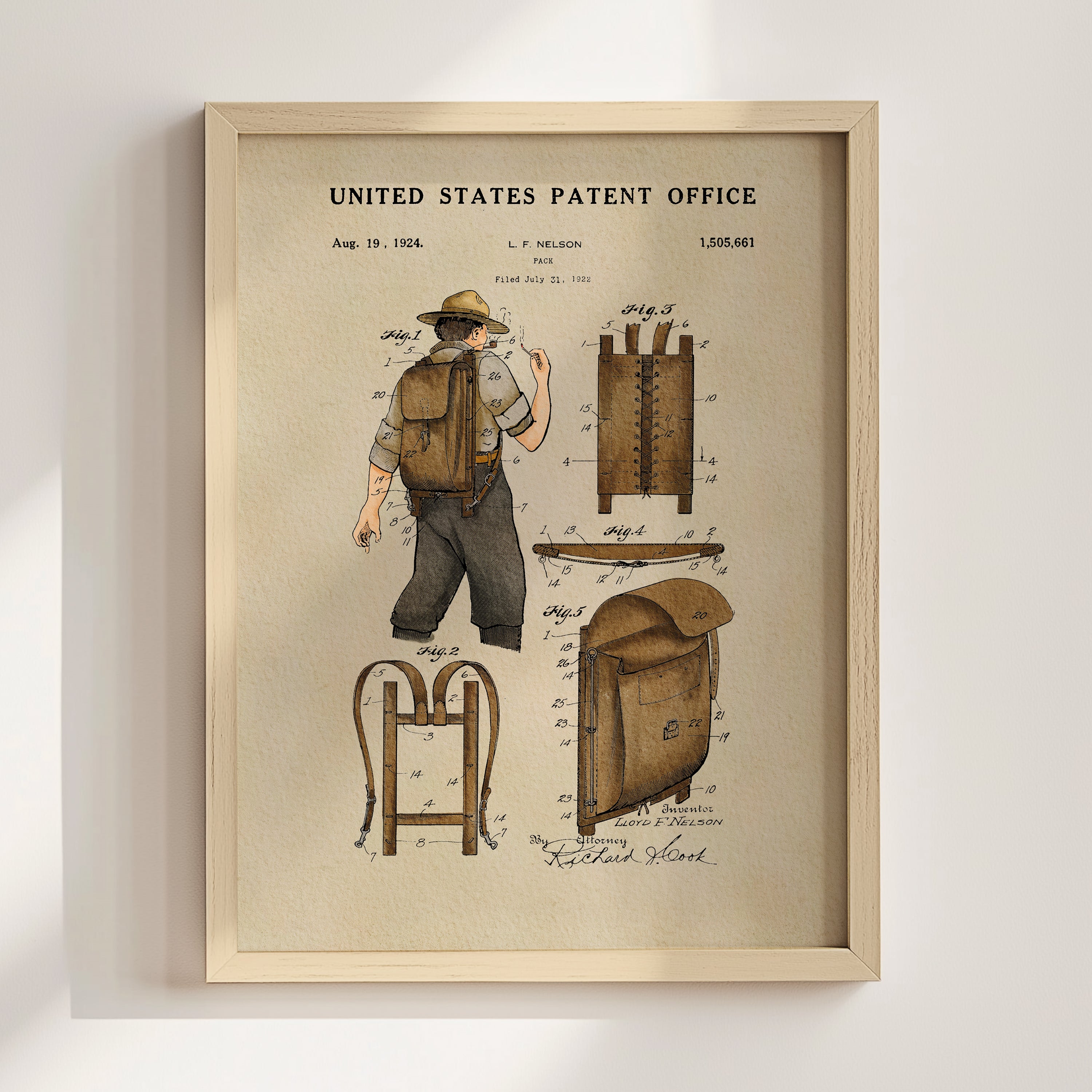 The image is a framed patent drawing depicting a man wearing a backpack, with various technical drawings and specifications surrounding him.