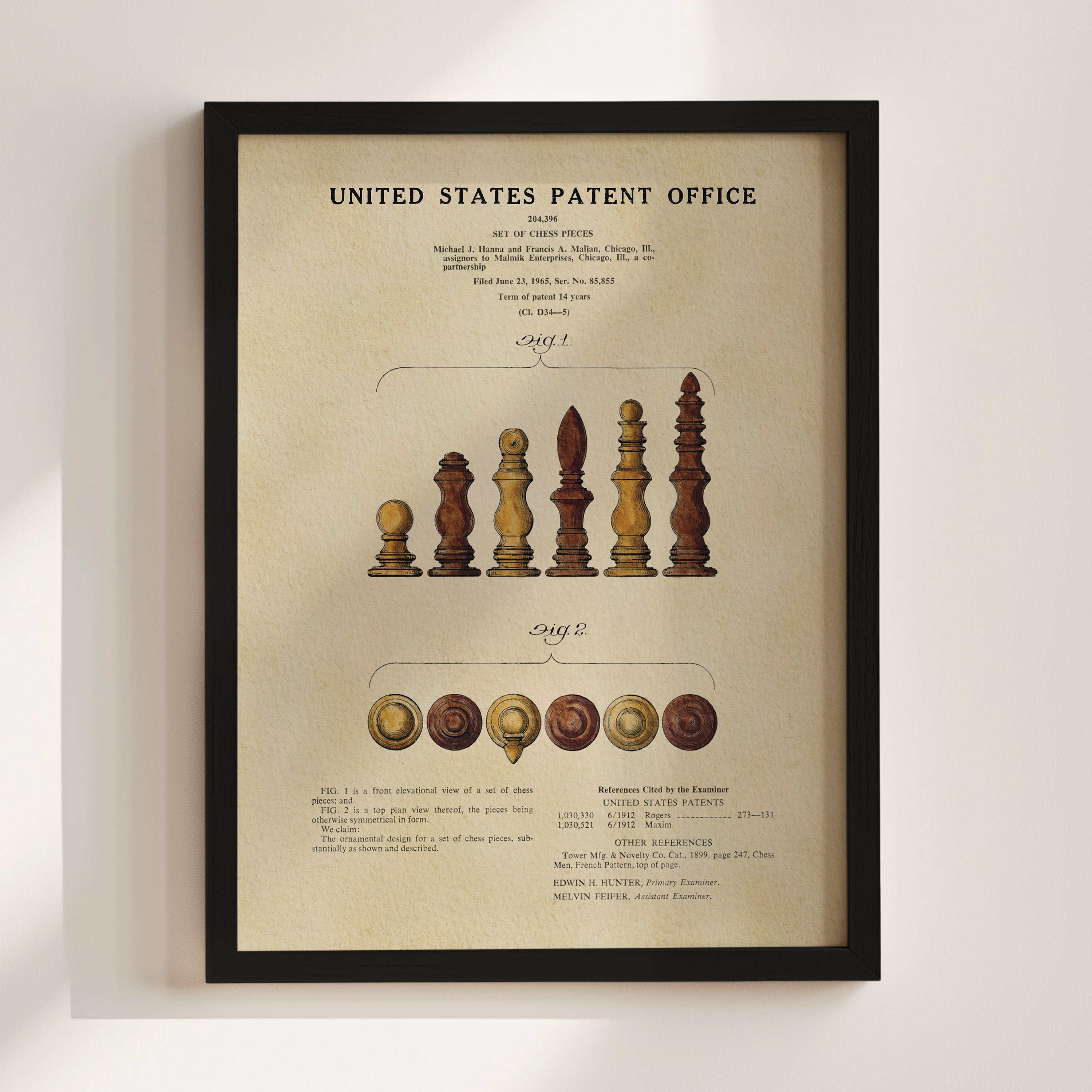 The image is a framed poster or print that displays a detailed illustration of a chess set, along with a diagram and text providing information about the United States Patent Office.