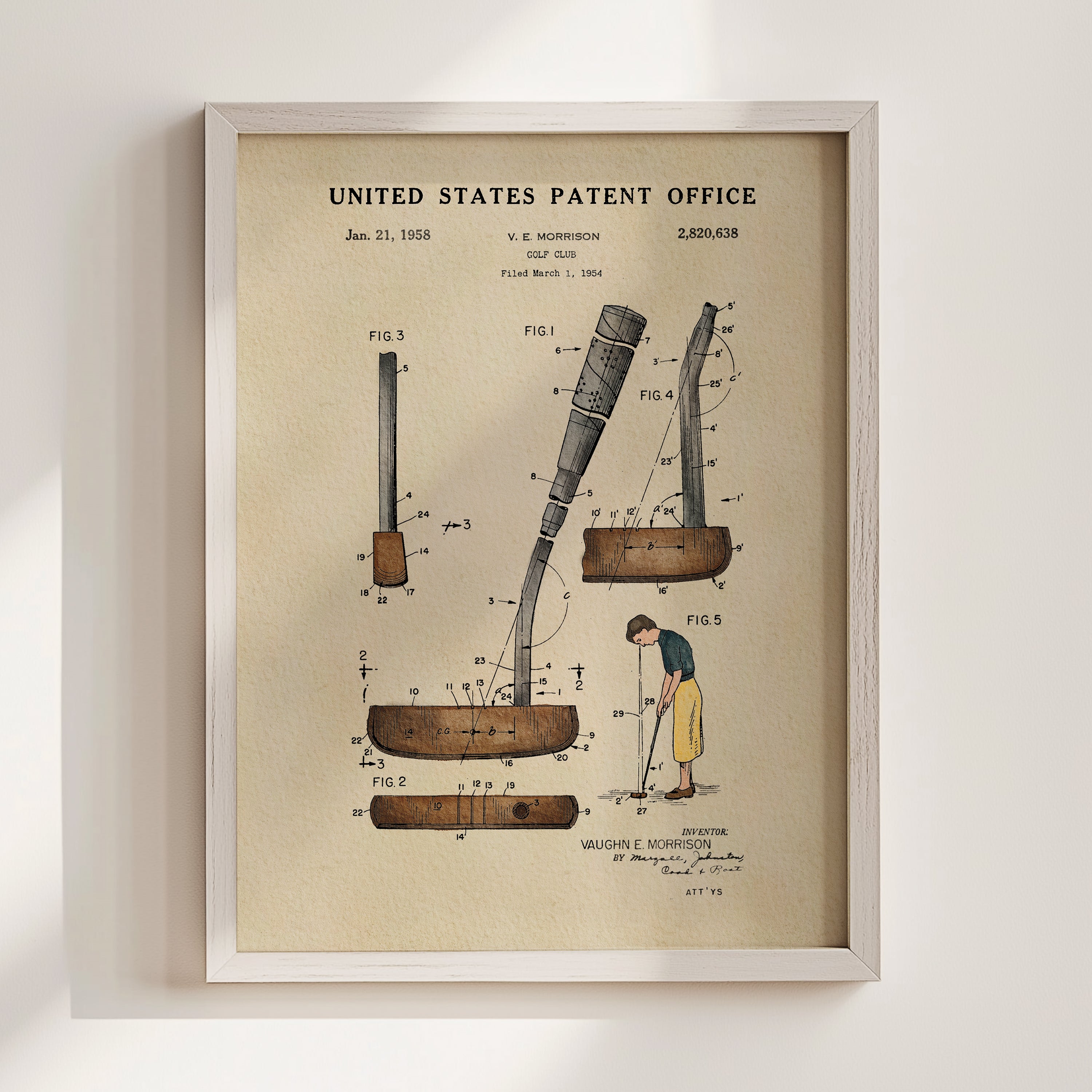 The image is a framed patent drawing depicting a golf club, specifically a putter, with various technical drawings and annotations.