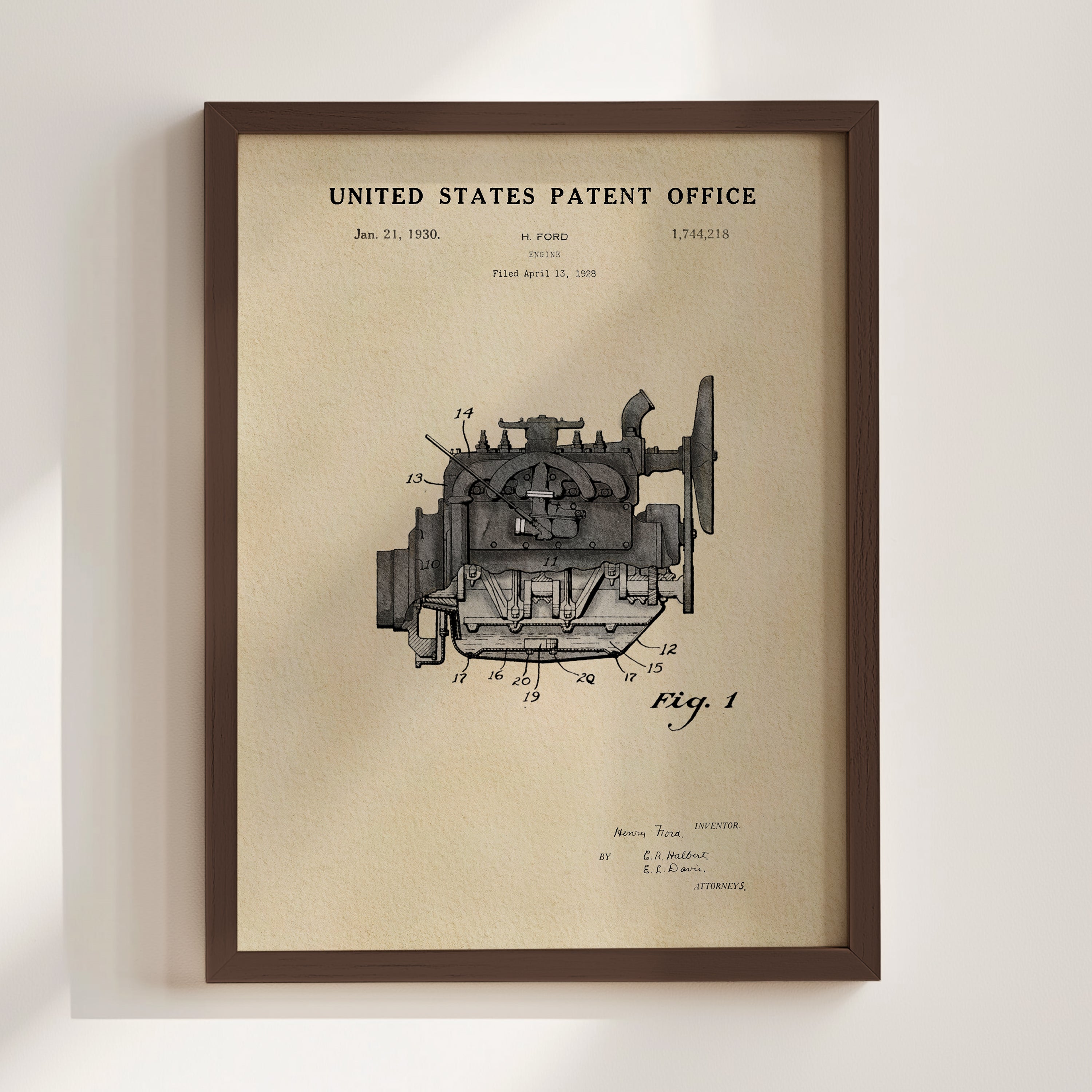 The image is a framed patent drawing depicting an engine, which is a piece of machinery used for propulsion.