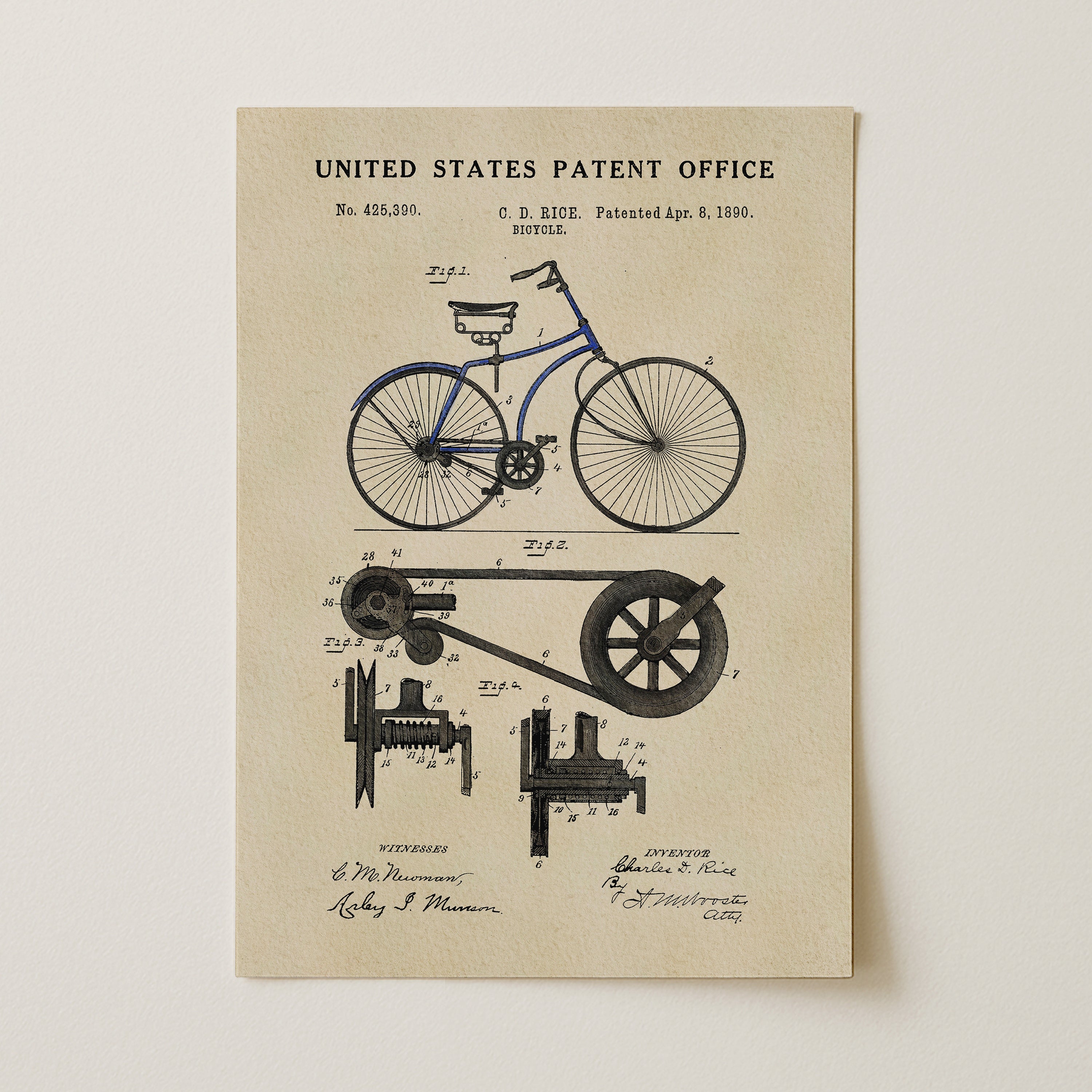 The image is a vintage United States patent office patent drawing of a bicycle, featuring detailed technical drawings and annotations.