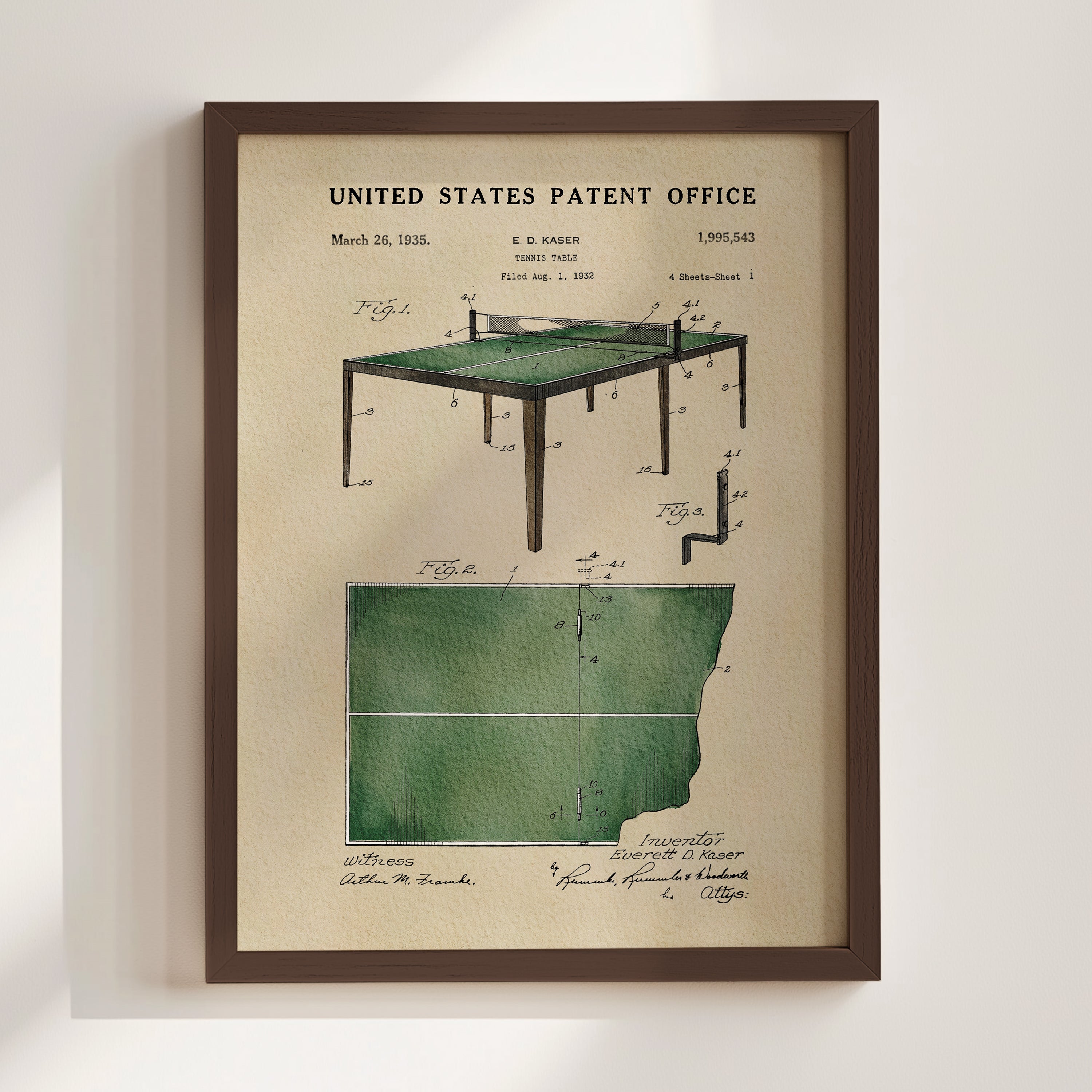 The image is a framed patent drawing of a table tennis table, depicting the design and construction of the table.