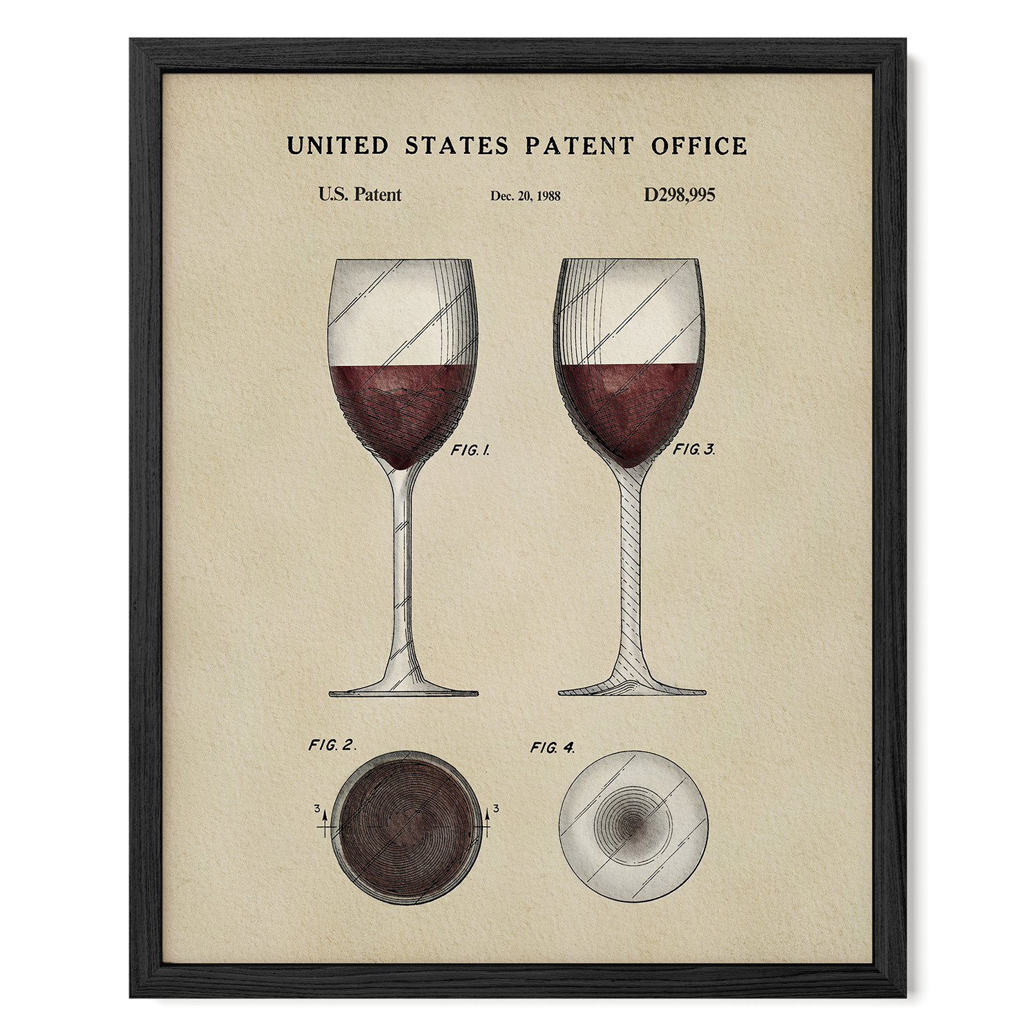 The image is a framed vintage patent drawing of two wine glasses, depicting the design and structure of the glasses.
