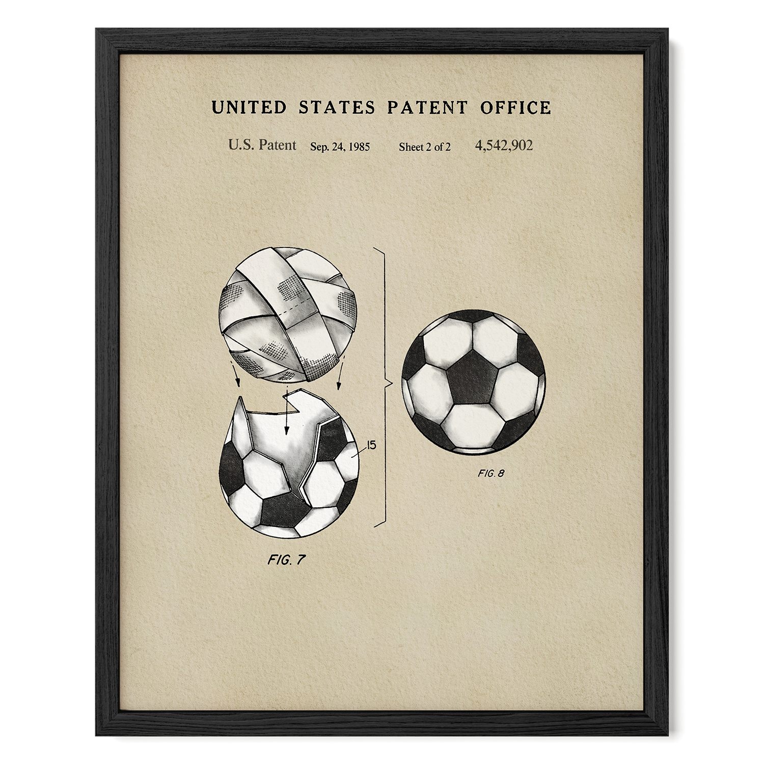 The image is a framed print of a United States patent from September 24, 1985, depicting a soccer ball with a unique design.