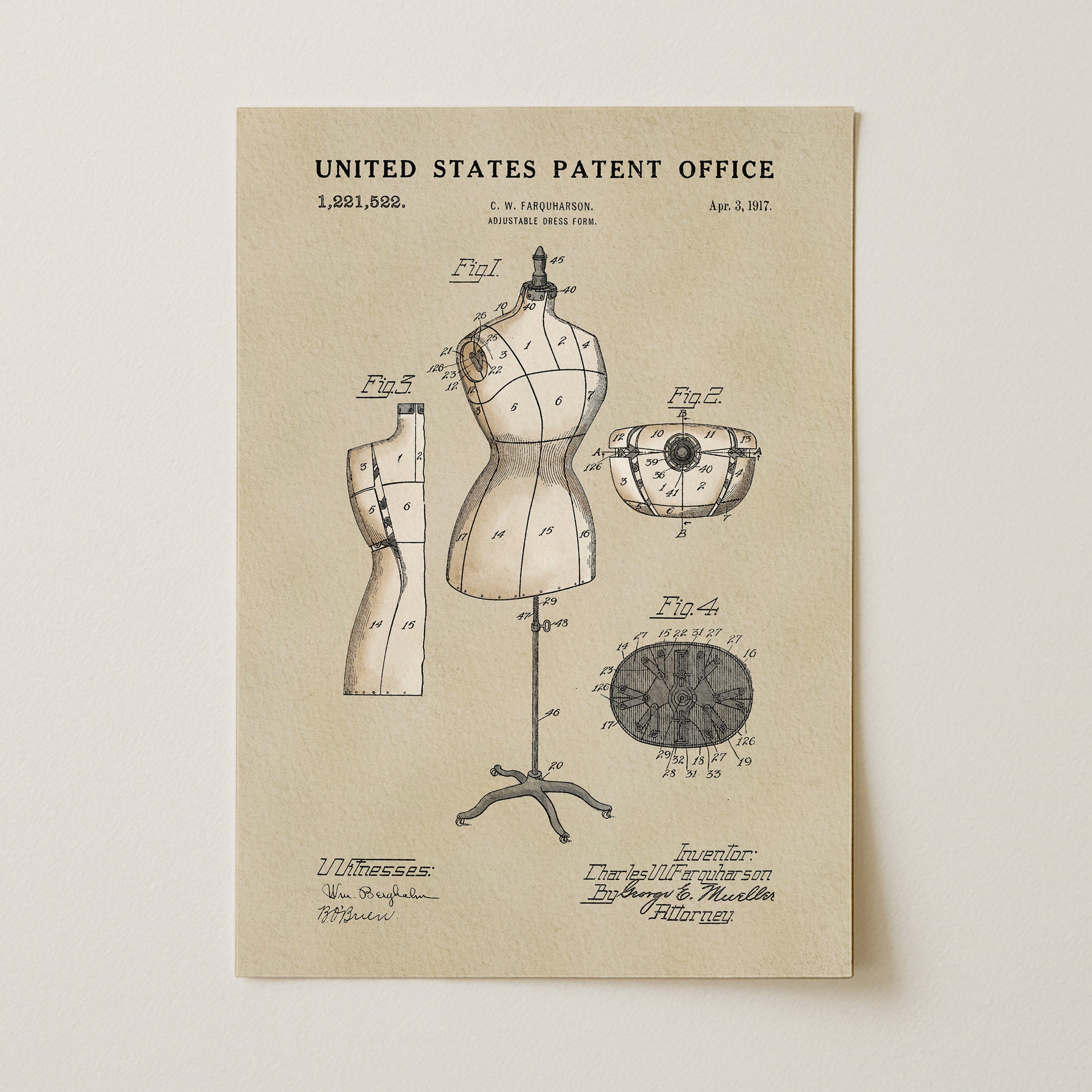 The image is a patent drawing from the United States Patent Office, dated April, 1907, depicting a mannequin with various measurements and specifications.