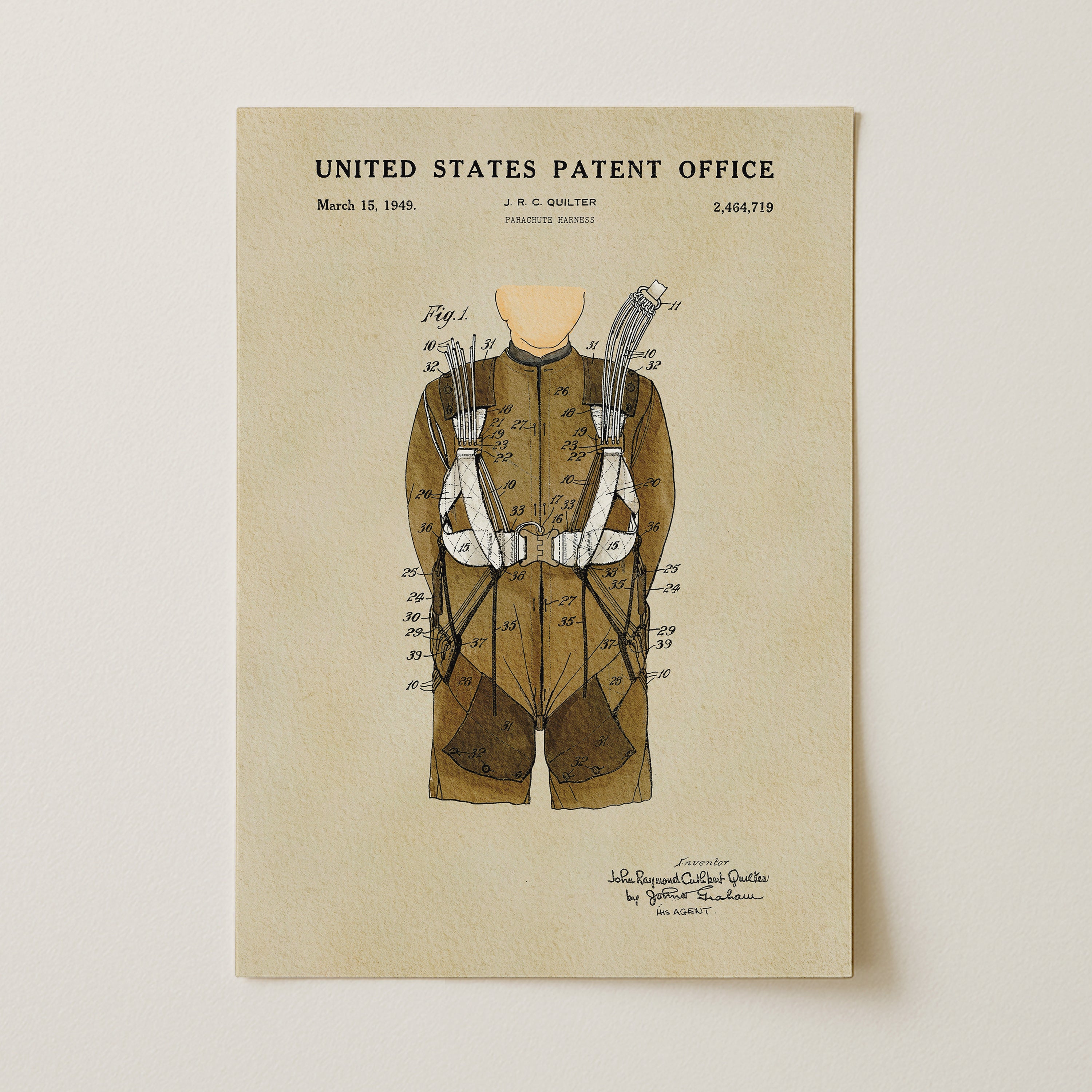 A printed page from the United States Patent Office, dated March 15, 1949, featuring a detailed drawing of a man's torso with various mechanical components attached to it.