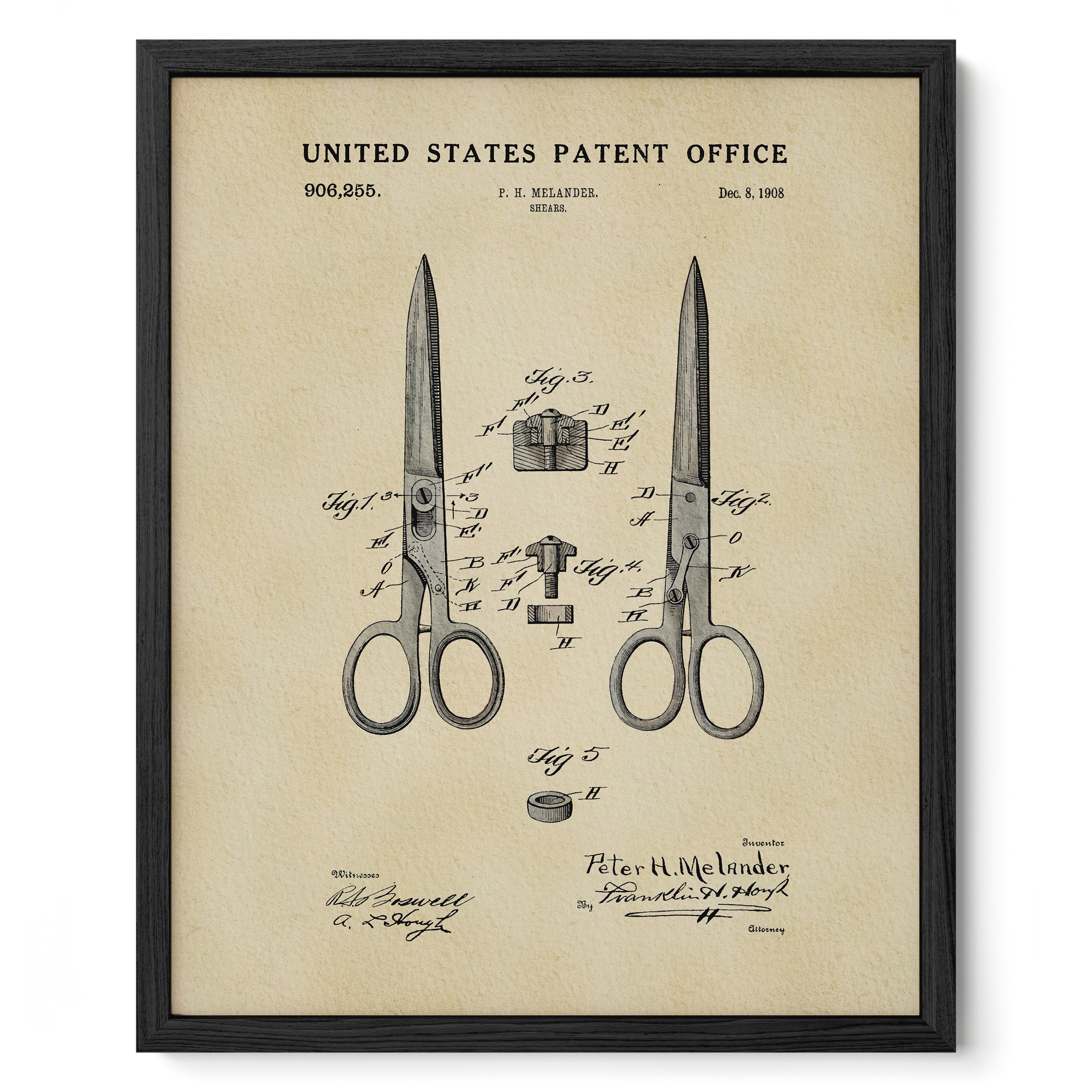 The image is a framed patent drawing depicting a pair of scissors with a detailed technical drawing and text.