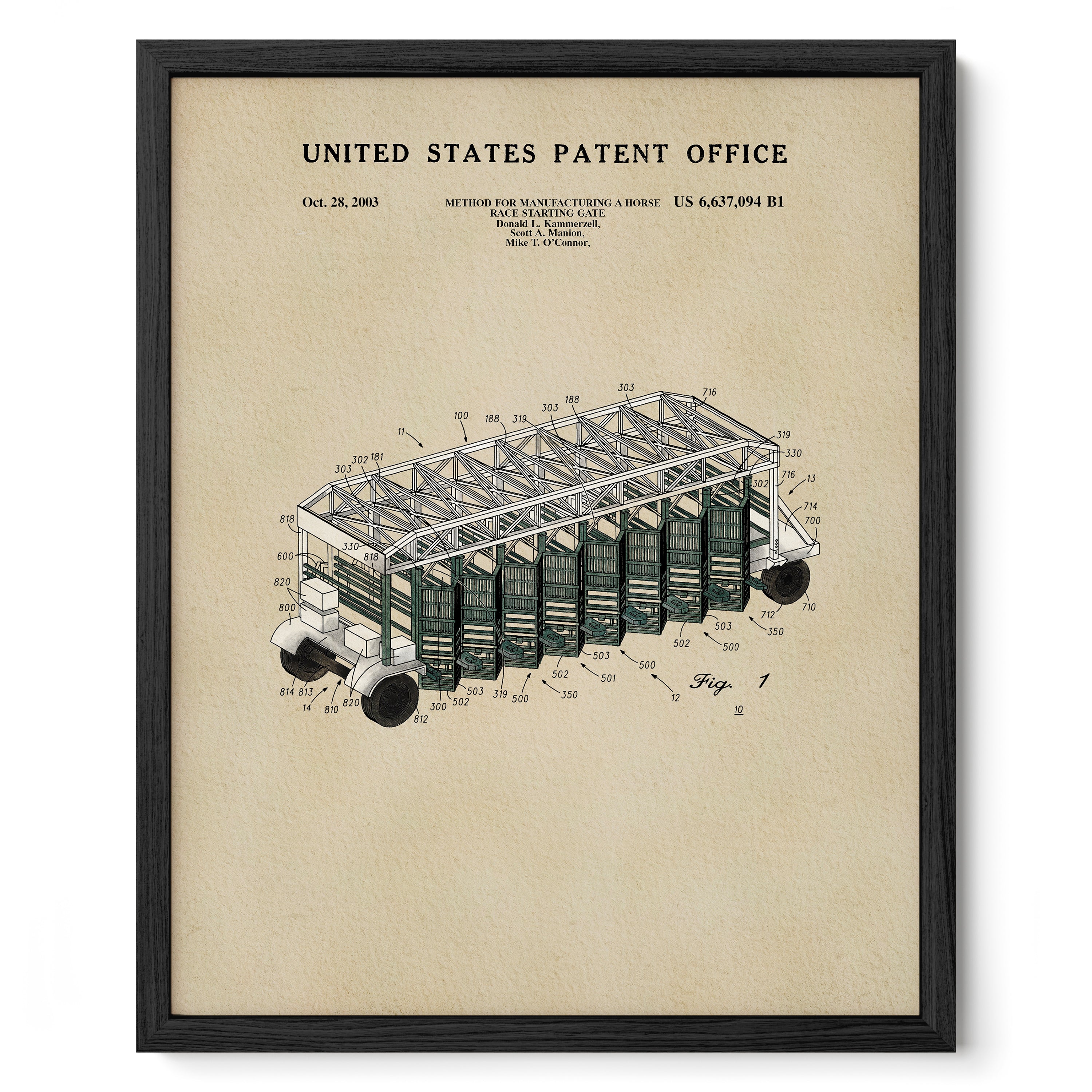 The image is a framed patent drawing depicting a vehicle with a unique design, likely inspired by the work of a renowned artist.