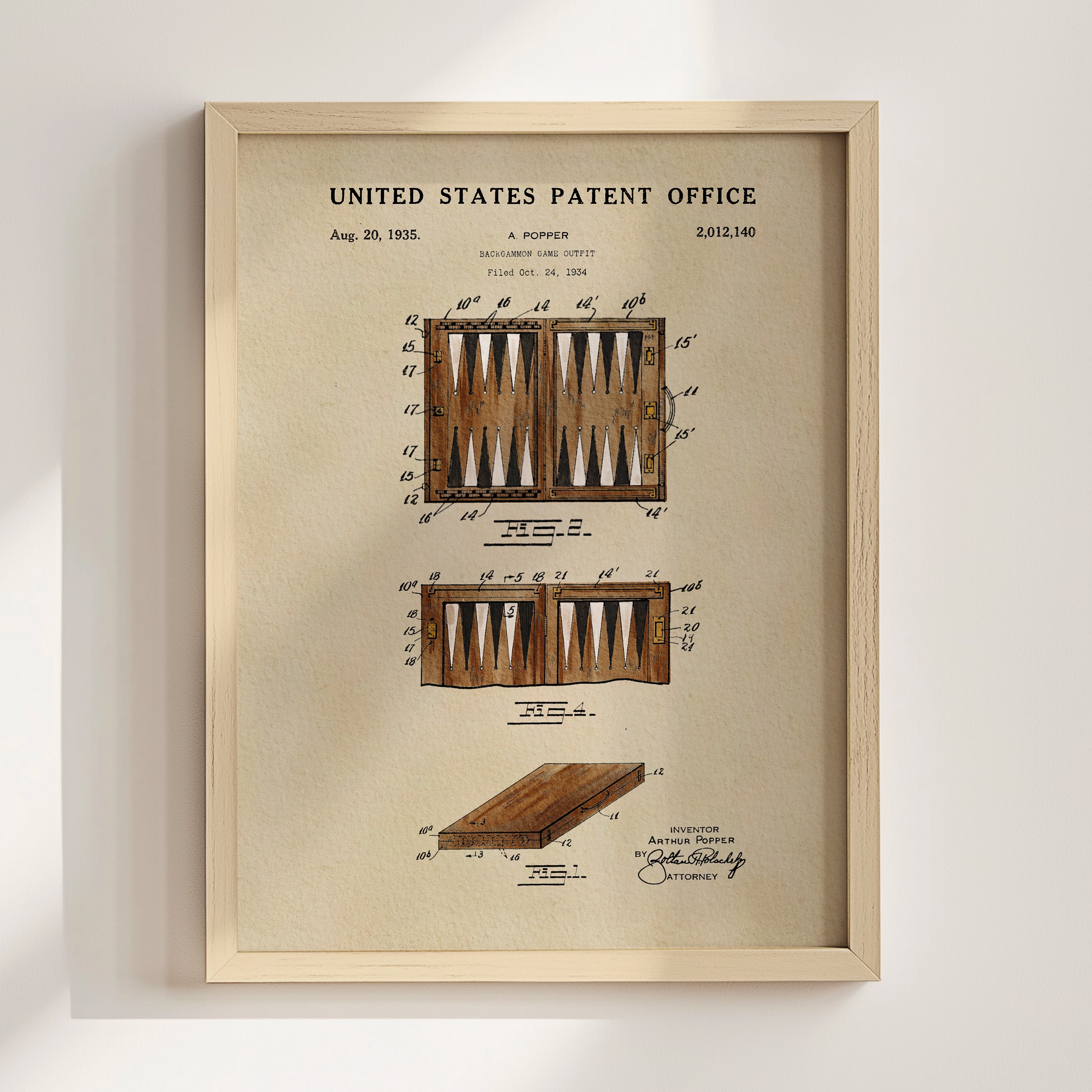 The image is a framed patent drawing depicting a backgammon game, with detailed technical drawings and annotations.