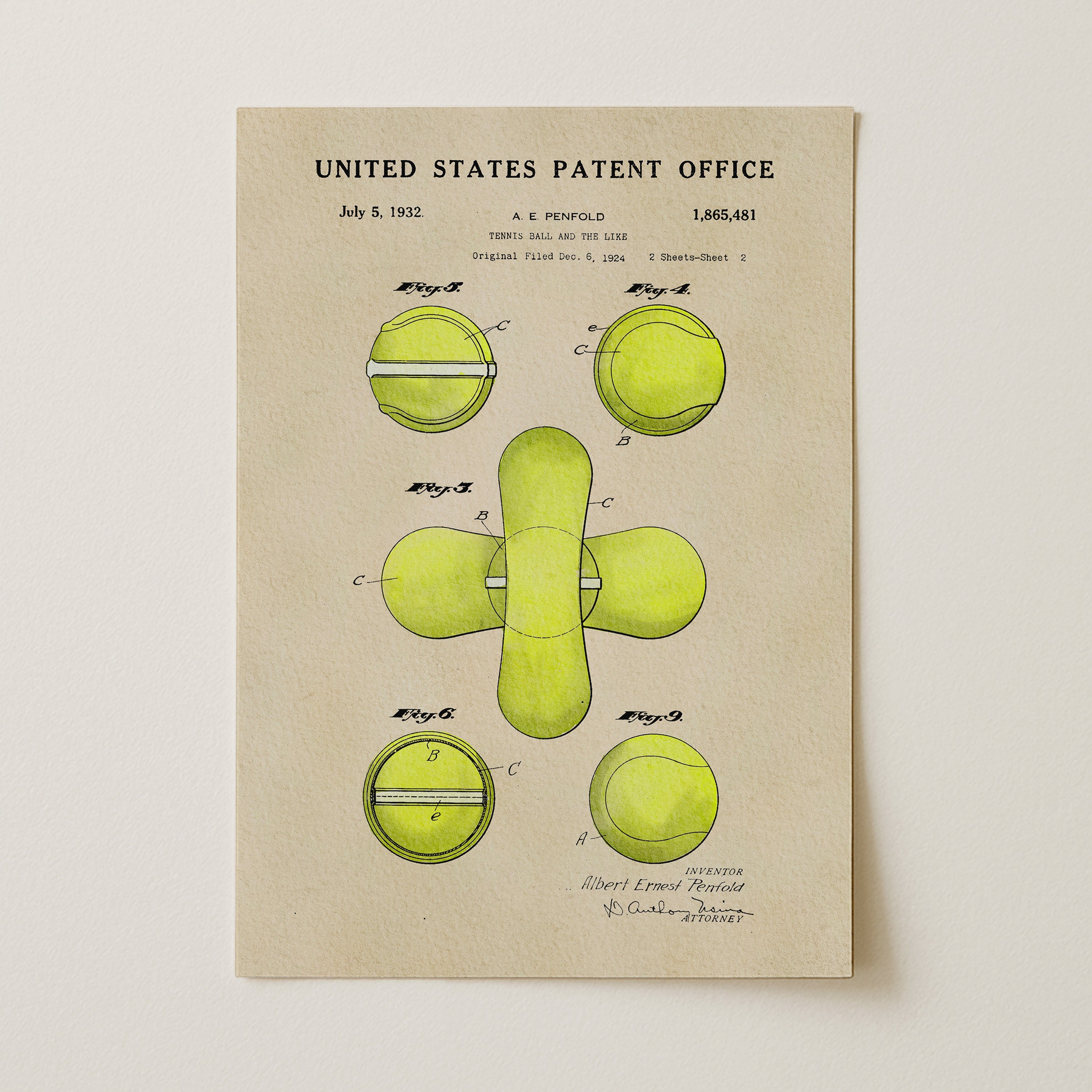 The image is a vintage United States patent office drawing depicting a tennis ball and racket.