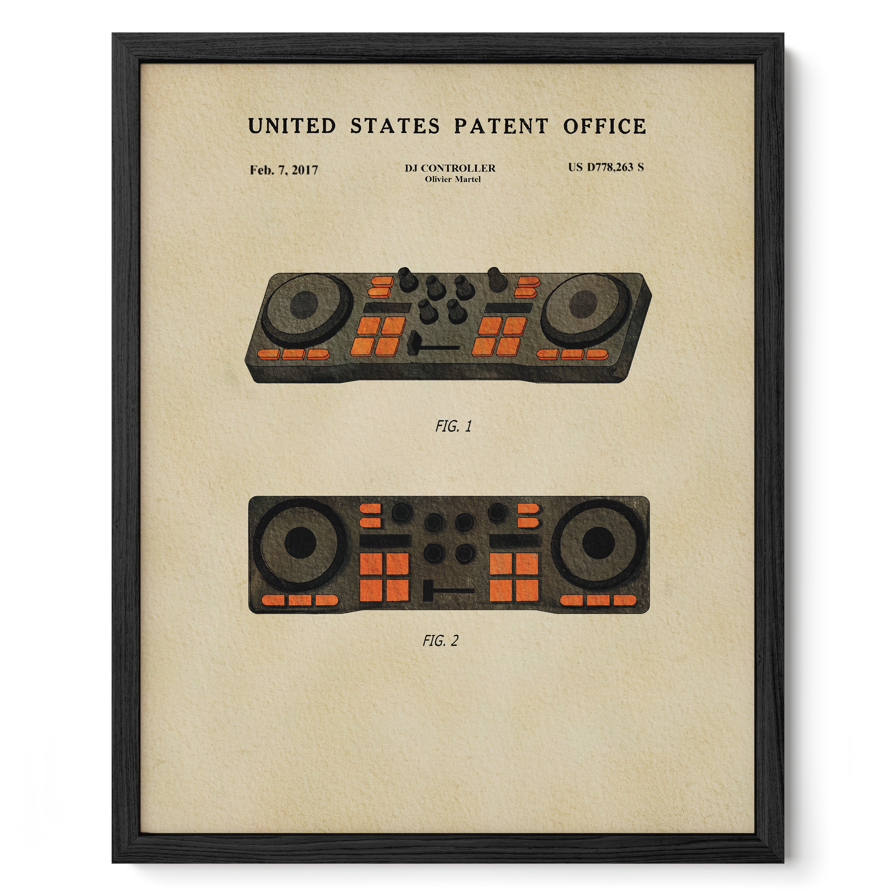The image is a framed print featuring a vintage-style illustration of a DJ controller, along with a patent office patent from the United States.