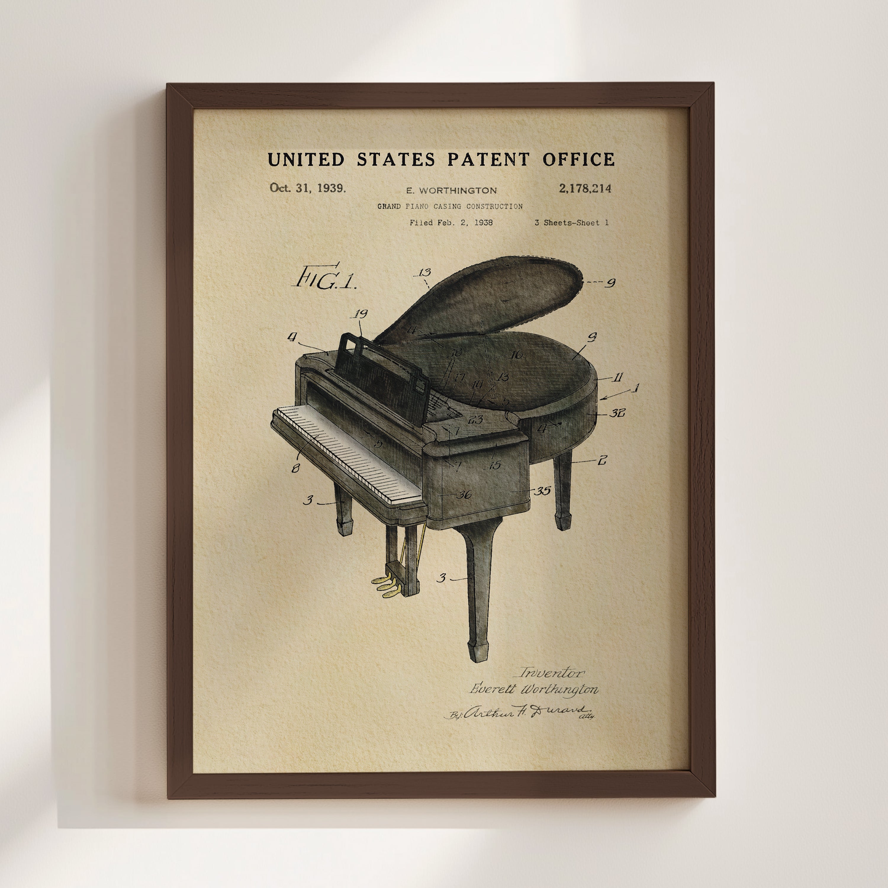 The image is a framed patent drawing of a grand piano, depicting the patent registration filing date of October 31, 1933.