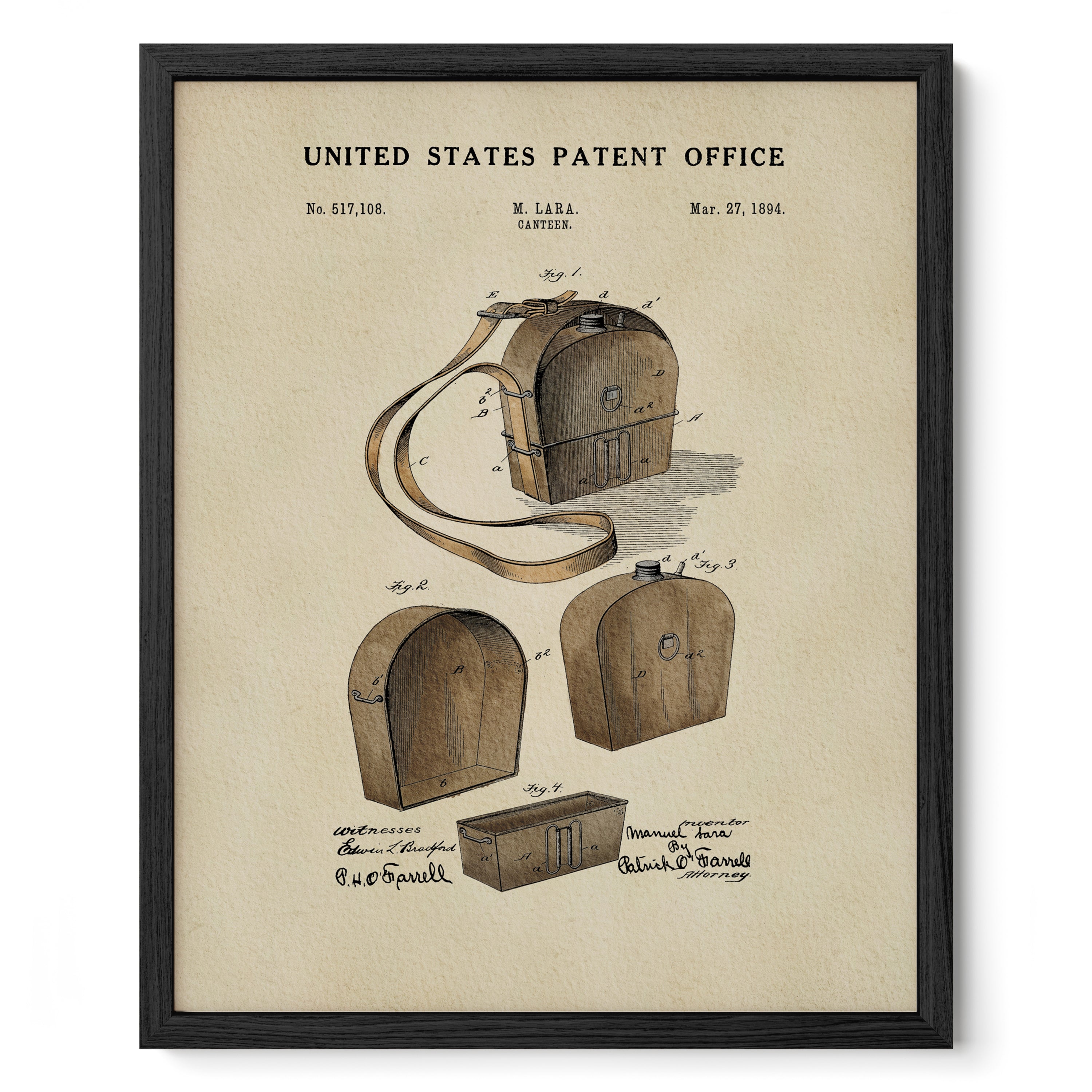 The image is a framed print depicting a patent application for a wooden box, specifically a