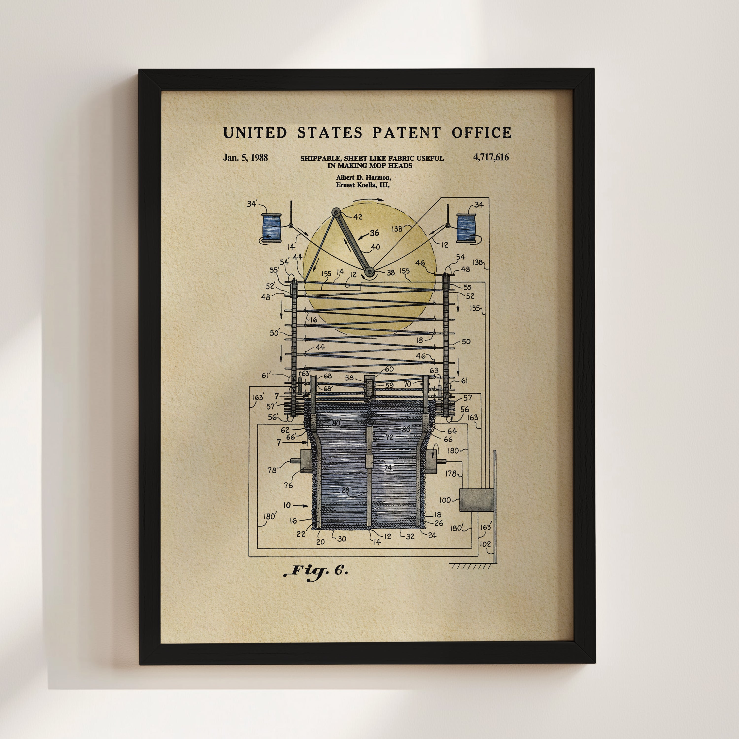The image is a framed patent drawing depicting a ship's life-like fabric fabric use, created by Albert D. Koehler in 1985.