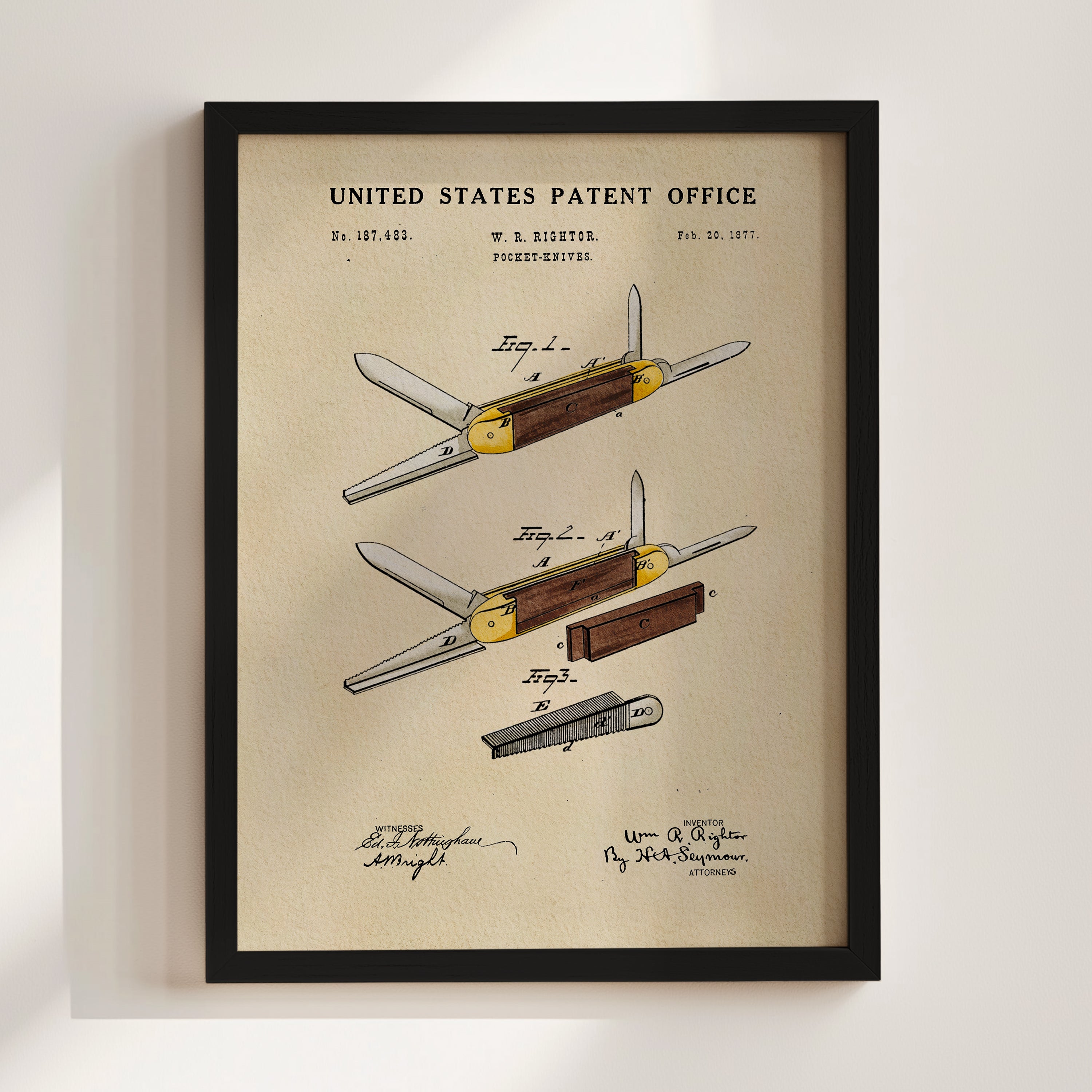 The image is a framed patent drawing depicting a folding knife with multiple blades and a handle.