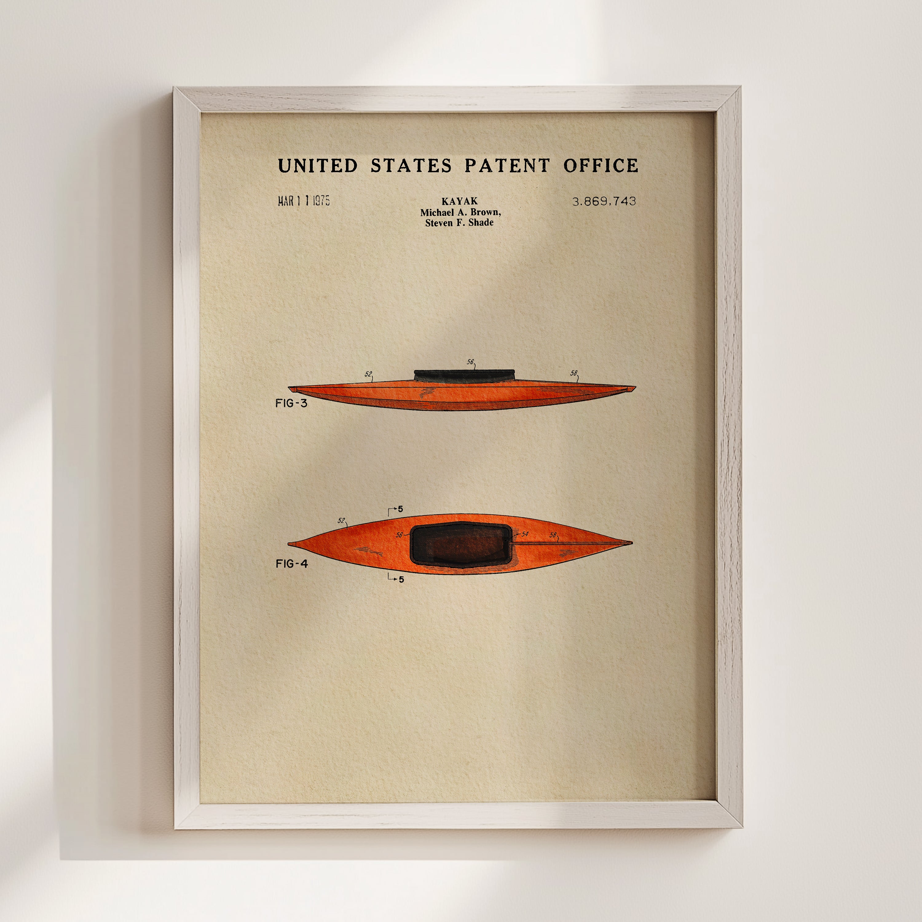 The image is a framed patent drawing of a kayak, depicting two different designs of the kayak.