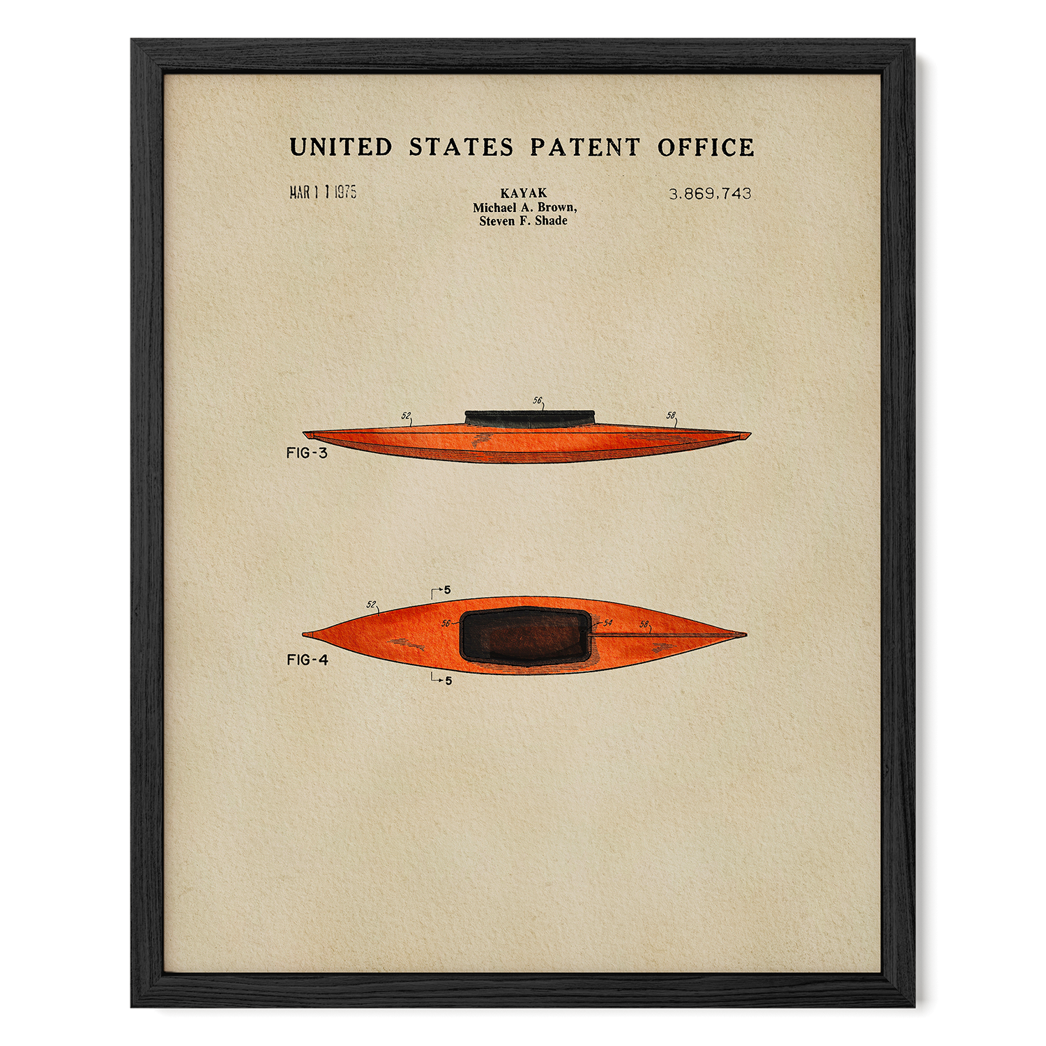 The image is a framed vintage patent drawing of a kayak, depicting two different designs of the kayak.