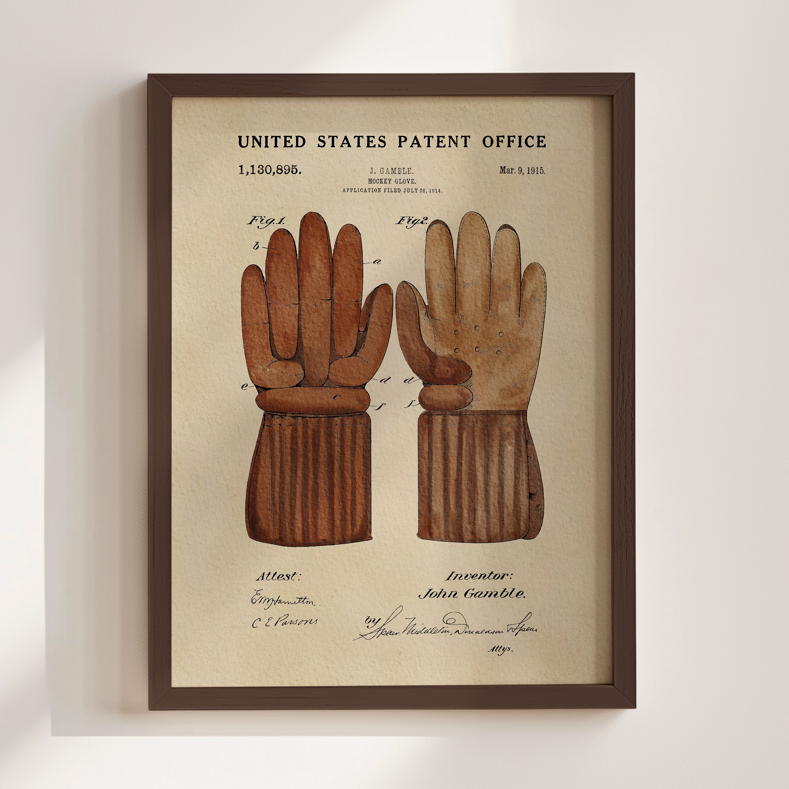 The image is a framed print of a patent application for a pair of gloves, dated March 18, 1885.
