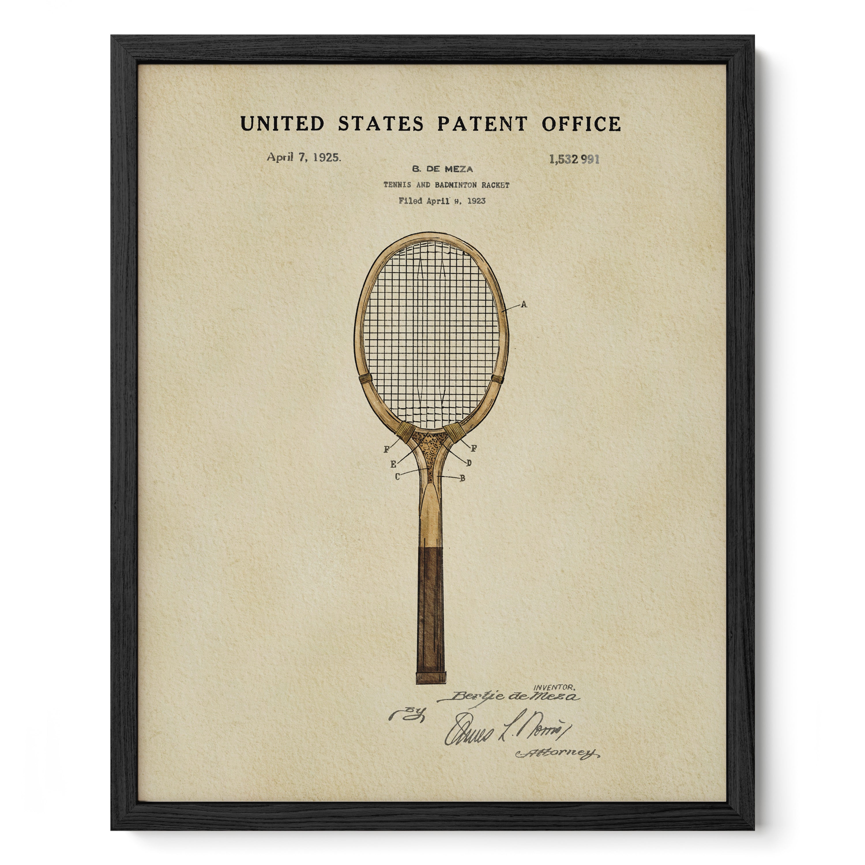The image is a framed print of a patent application for a tennis racket, dated April 7, 1925.