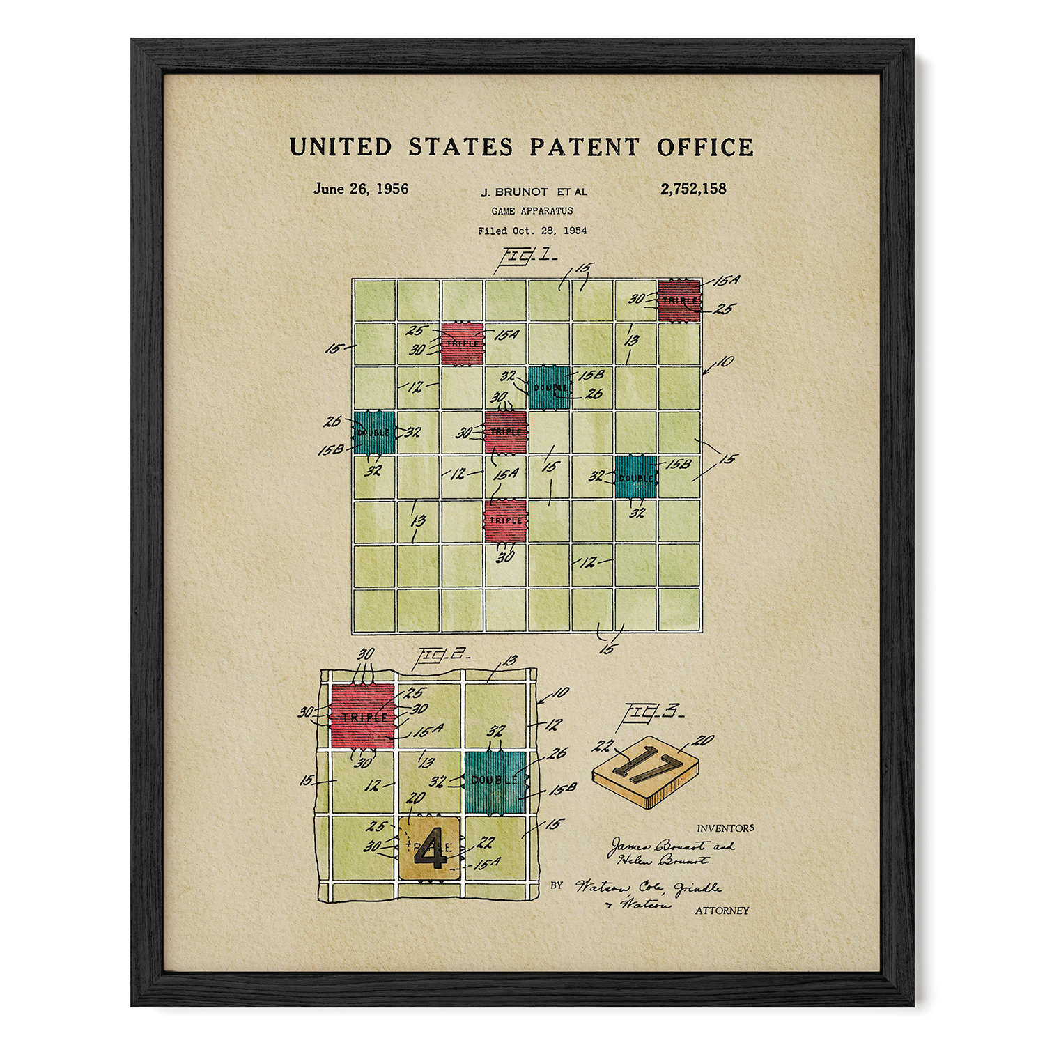 The image is a framed print of a United States patent office patent from June 26, 1956, titled