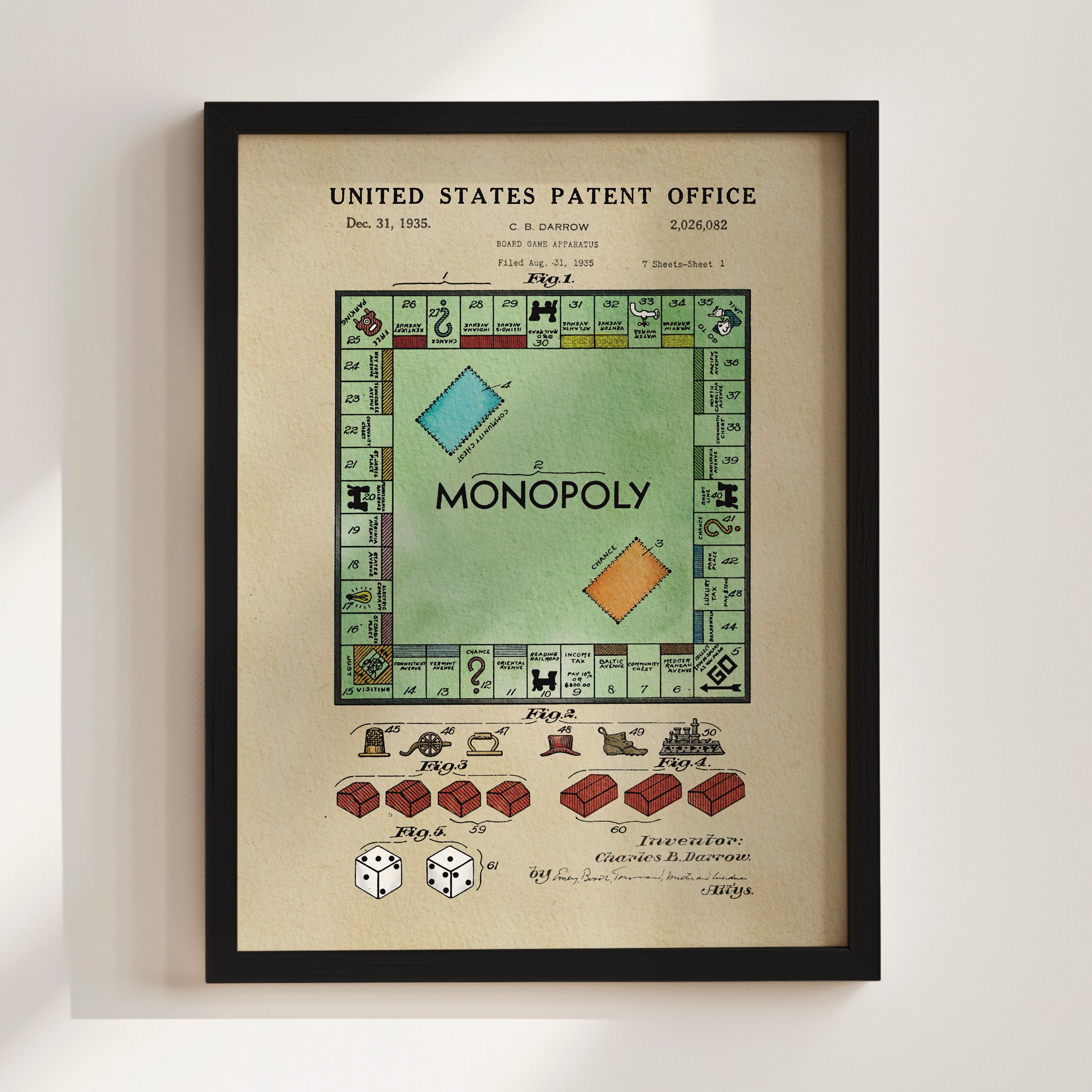 The image is a framed print of a Monopoly board game patent application dated December 31, 1935.