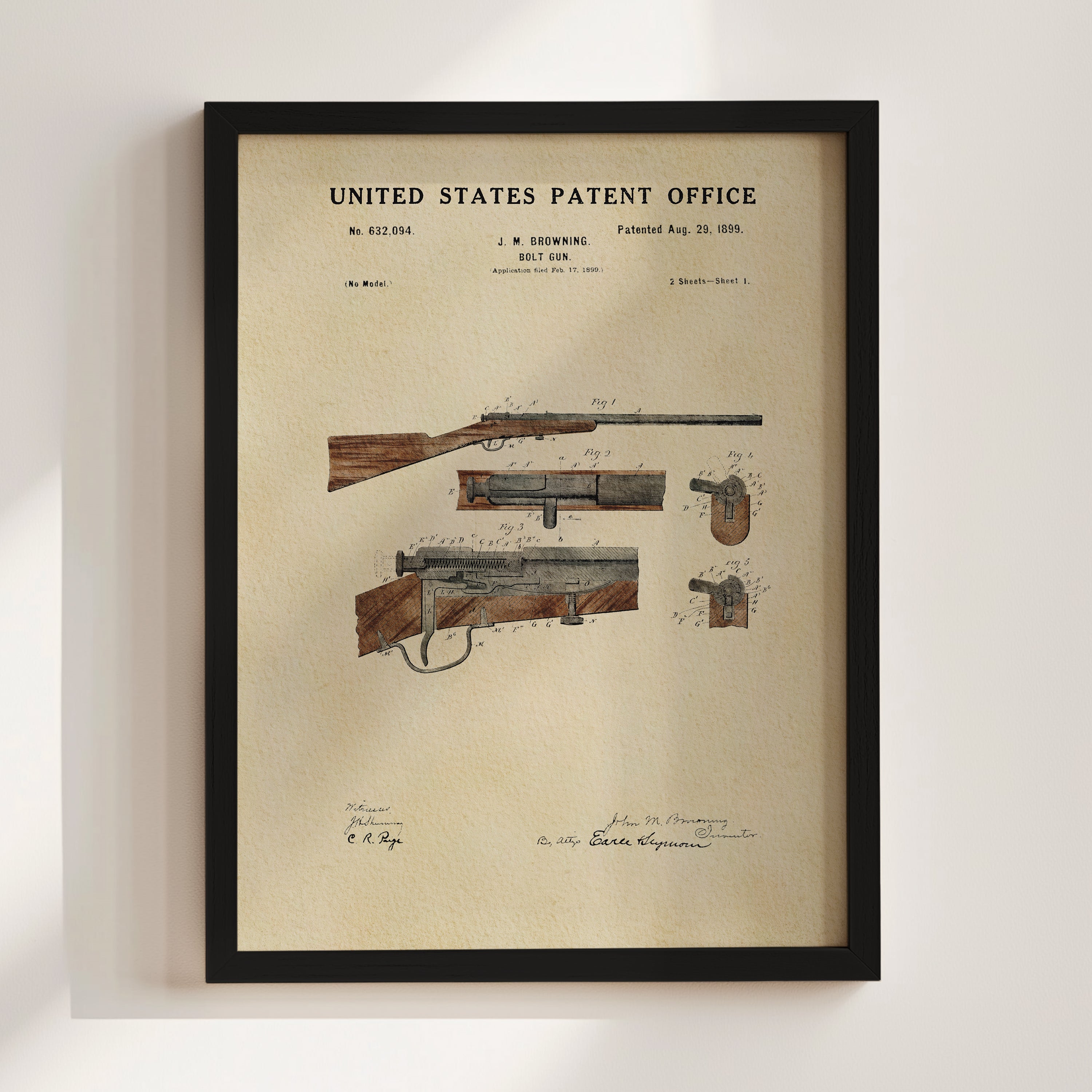 The image is a framed patent drawing of a rifle, depicting its design and features.