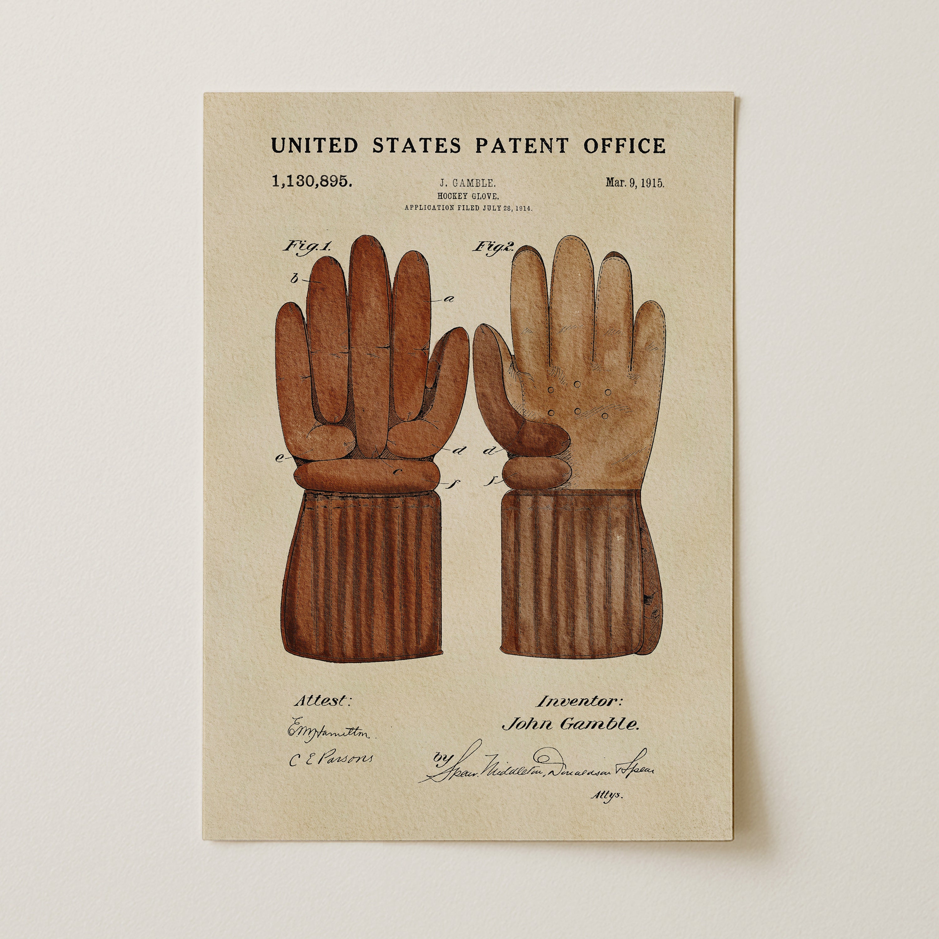 The image is a watercolor patent drawing of a pair of brown gloves, depicting the invention of a glove by John Gambile.