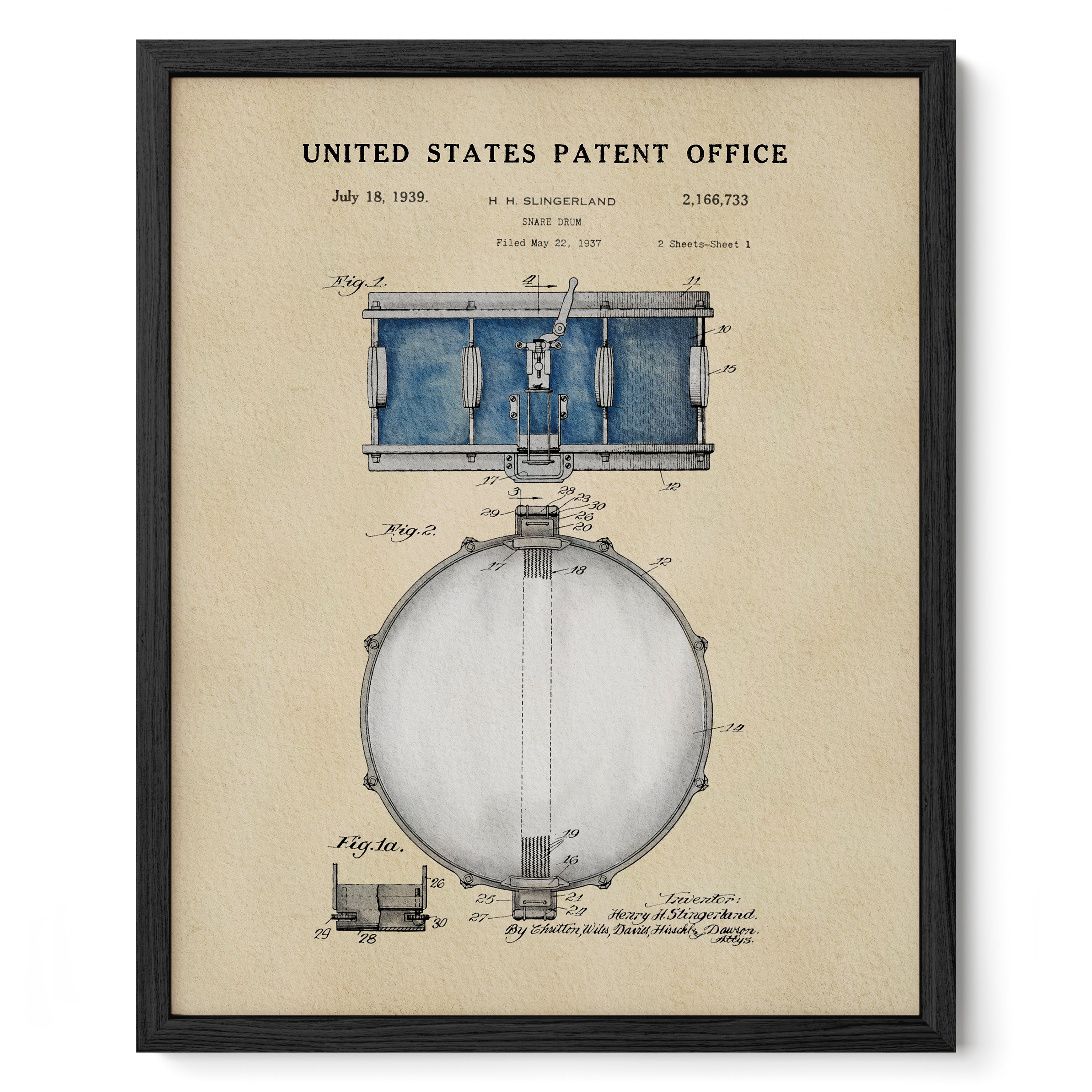 The image is a framed vintage patent drawing of a drum, depicting the design and construction of the drum in the United States Patent Office.