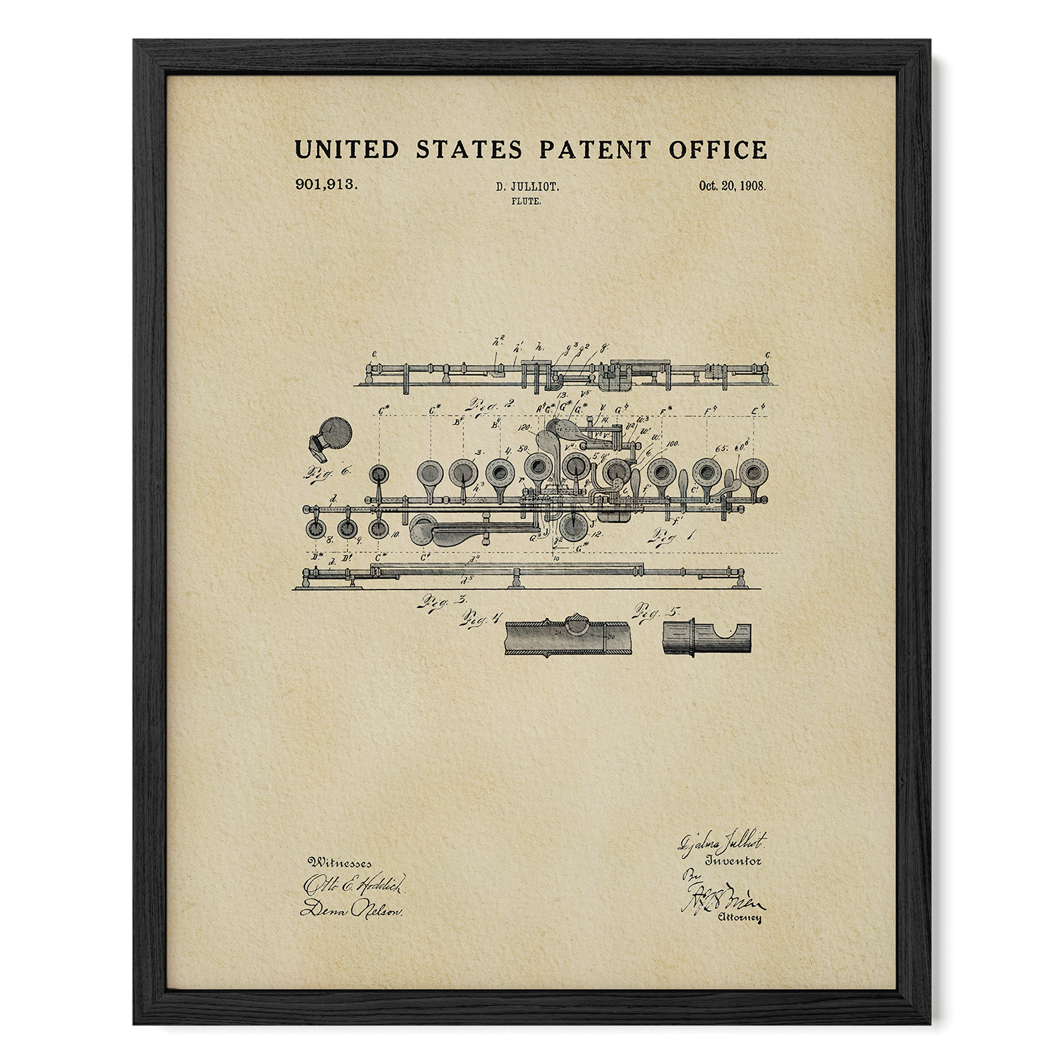The image is a framed patent drawing from the United States Patent Office, depicting a musical instrument with detailed technical drawings and annotations.