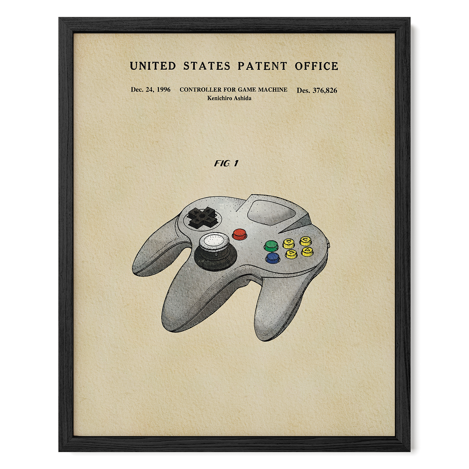 The image is a framed poster depicting a Nintendo 64 controller, which is a classic video game console.