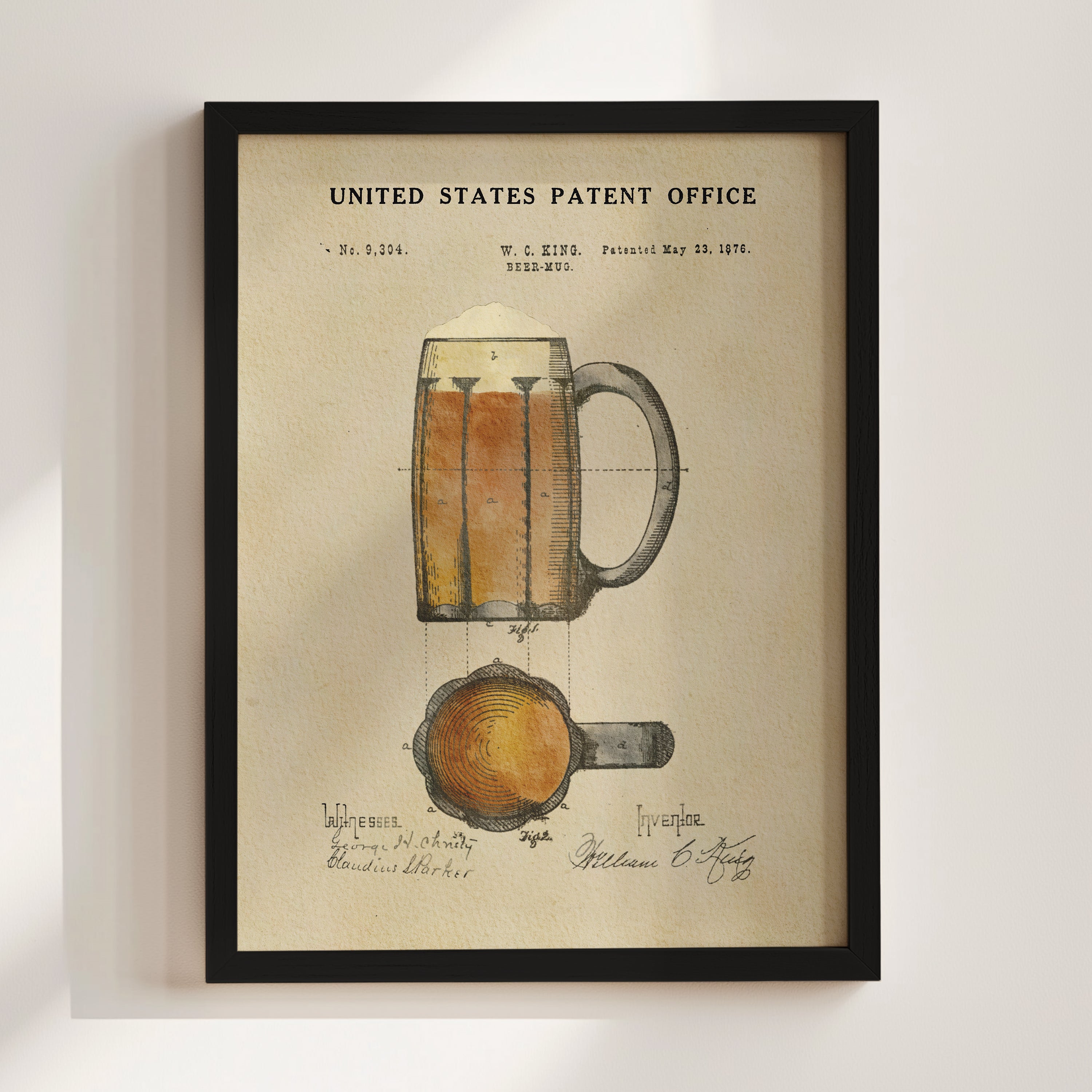The image is a framed print depicting a beer mug with a detailed illustration of the mug and its contents.