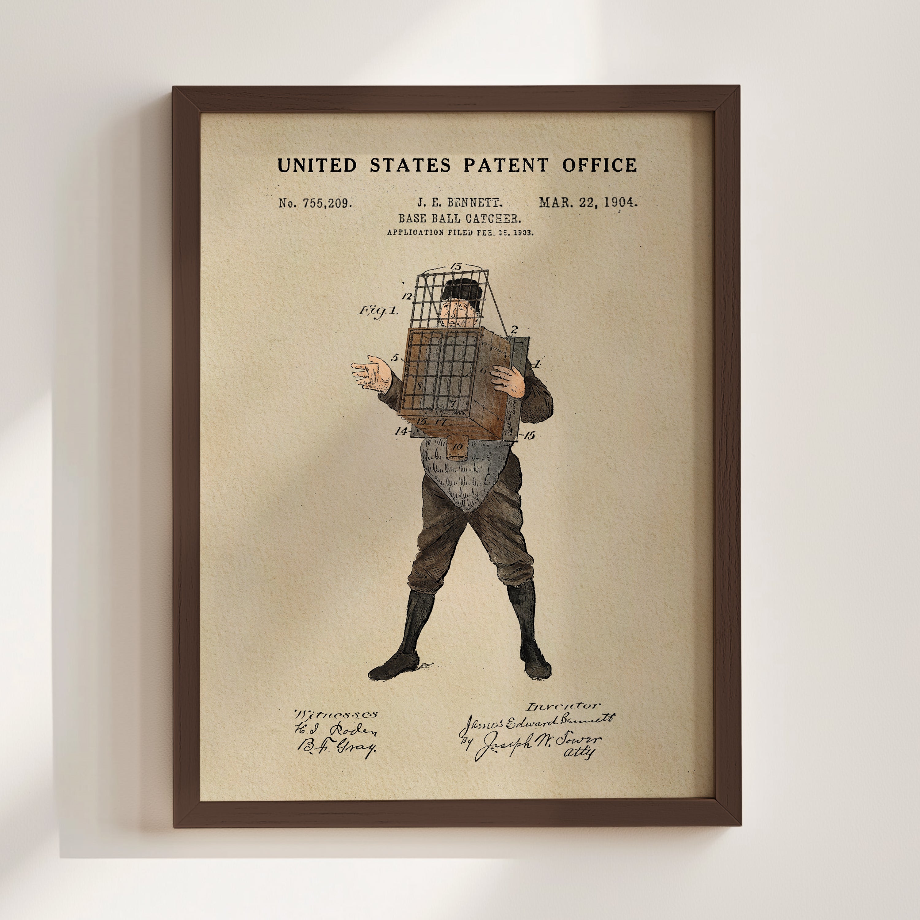 The image is a framed print of a baseball catcher's mask from the United States Patent Office, dated Mar 22, 1904.