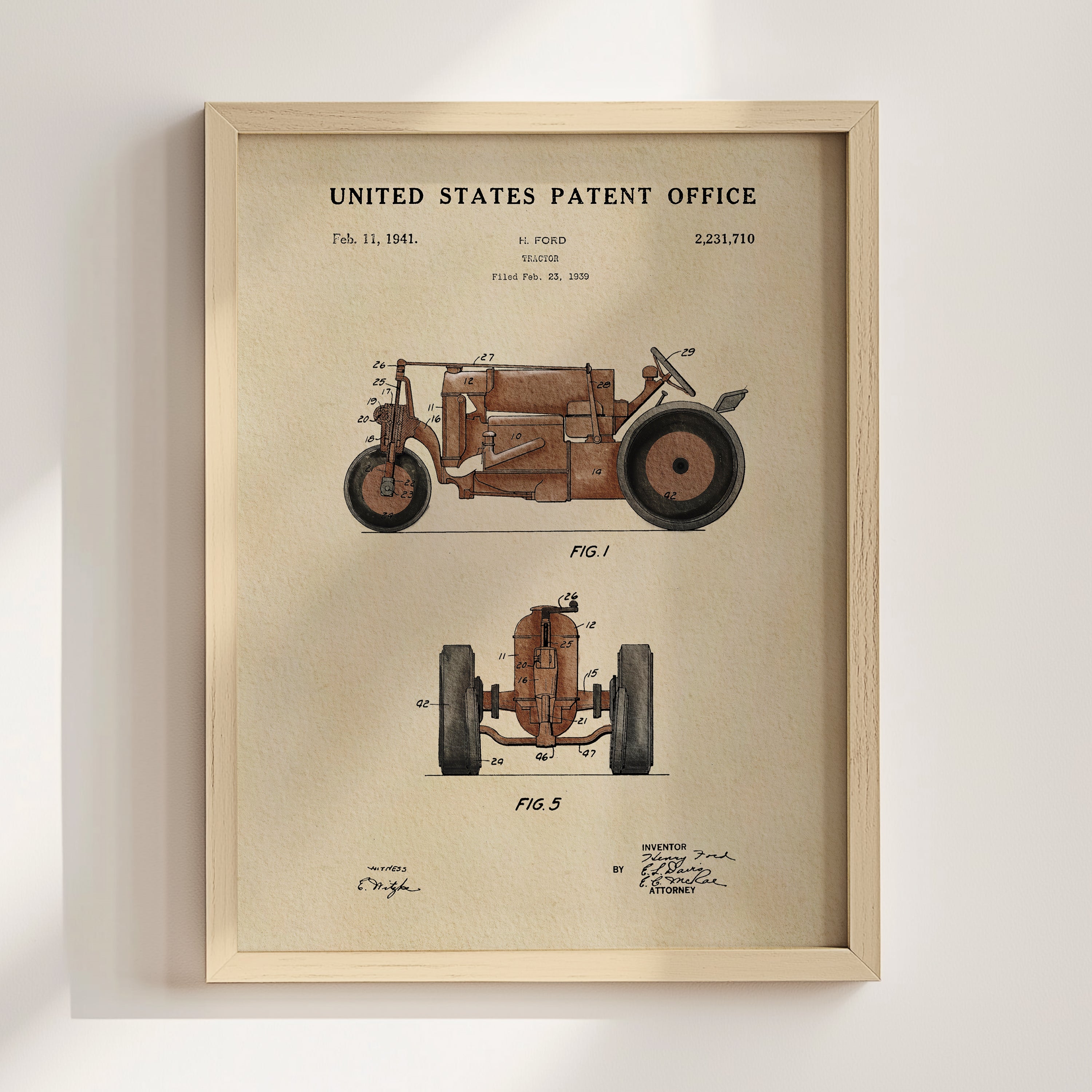 The image is a framed vintage patent drawing of a motorcycle, depicting the design and features of the vehicle.